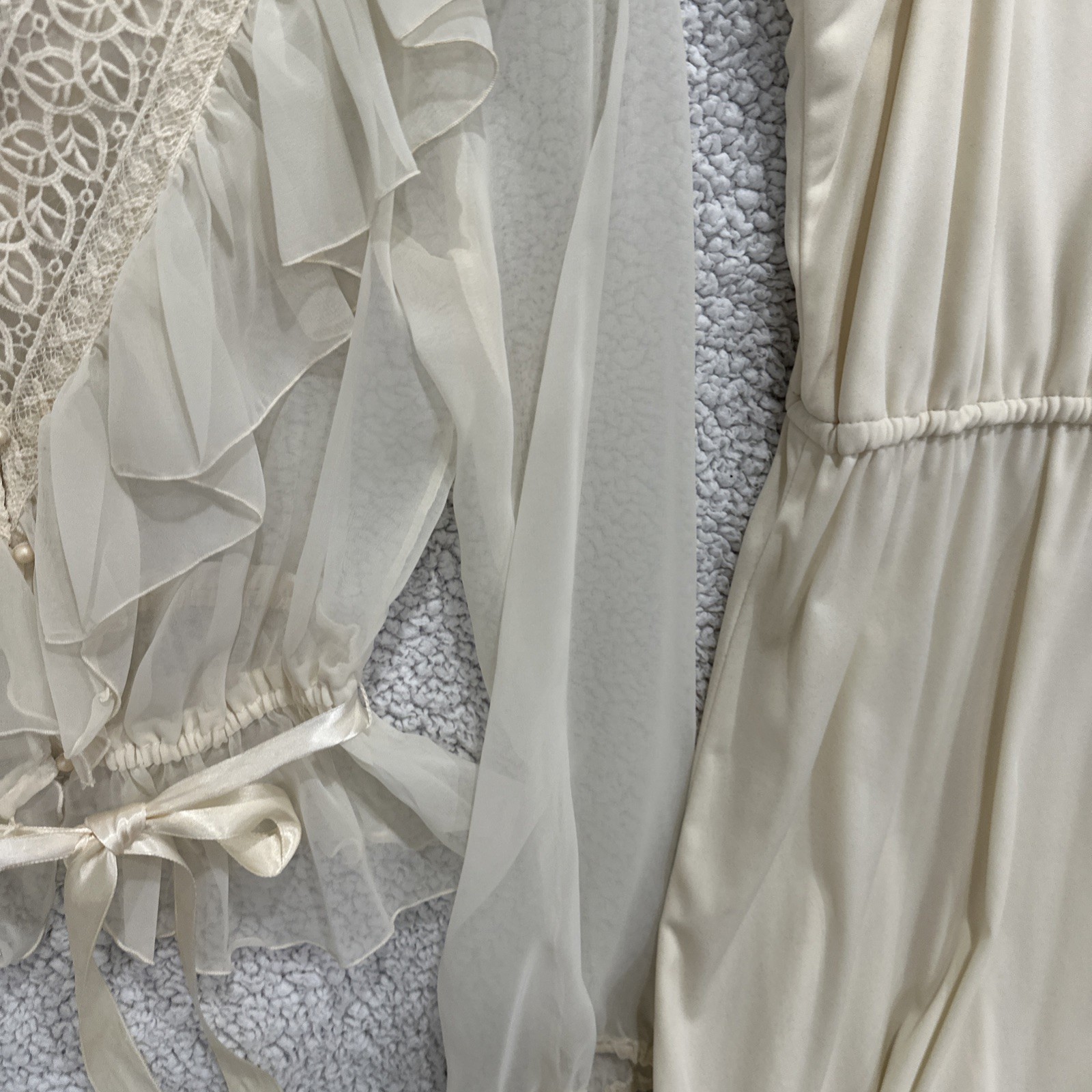 Vtg 70s ILGWU Ivory Peignoir Style Dress Sheer Chiffon Lace Yoke 9/10 Cottage
