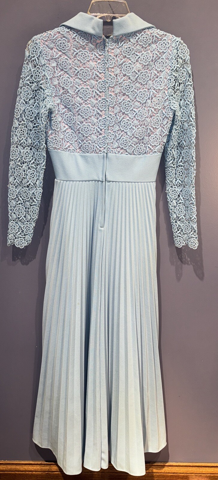 Small 1960 Long Party Dress, Needlework Lace, Blue Lined, Pleated Skirt, USA