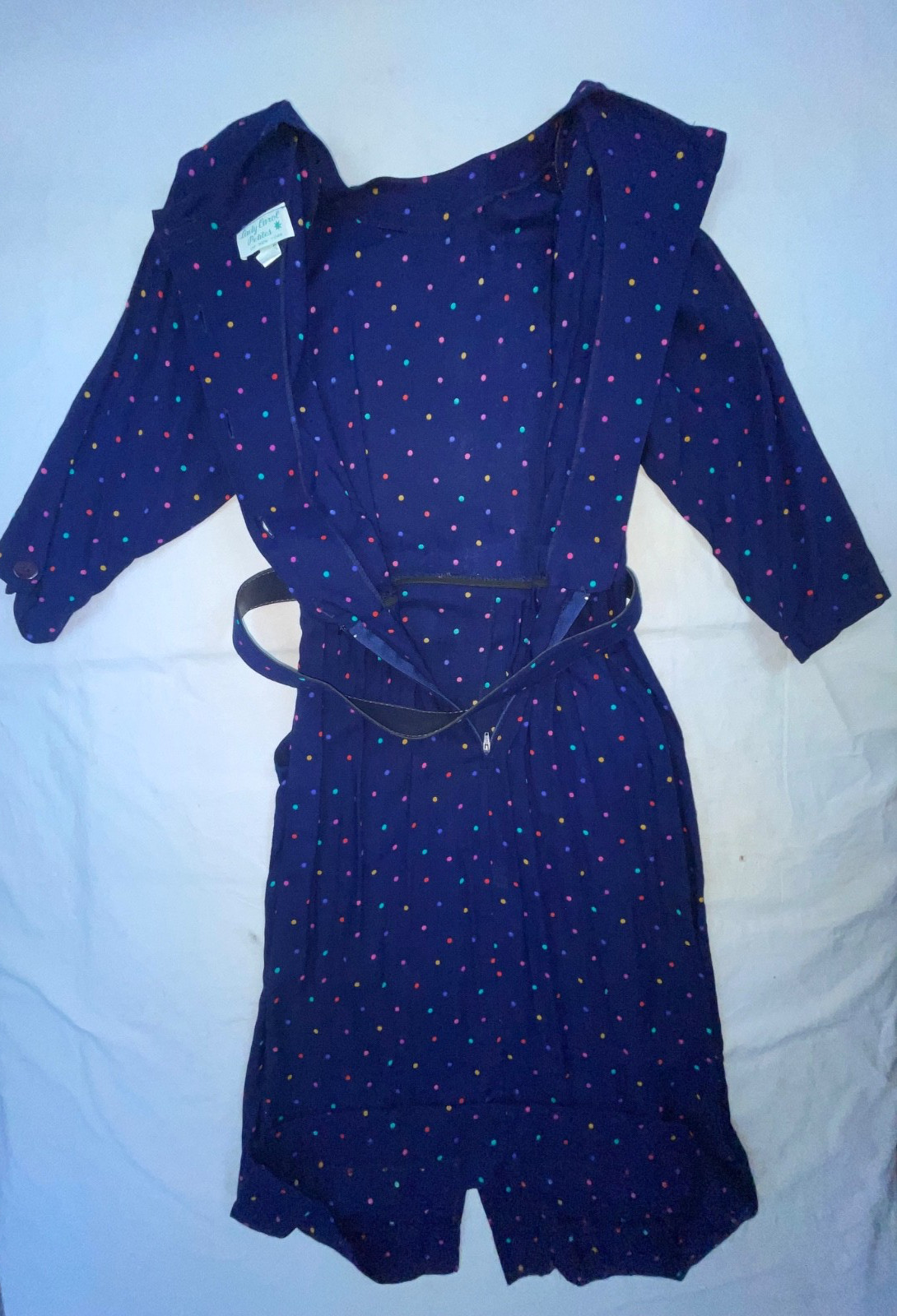 VTG 60S 70S WOMENS BLUE POLKA DOT BUTTON BELTED PARTY FUN CUTE RAYON DRESS