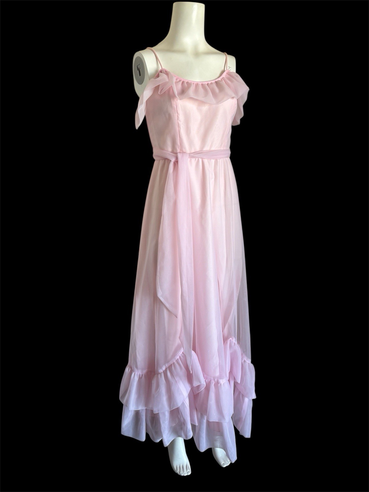 Vintage 1970&rsquo;s Light Pink Chiffon Ruffle Floor Length Gown S-M Prom Formal