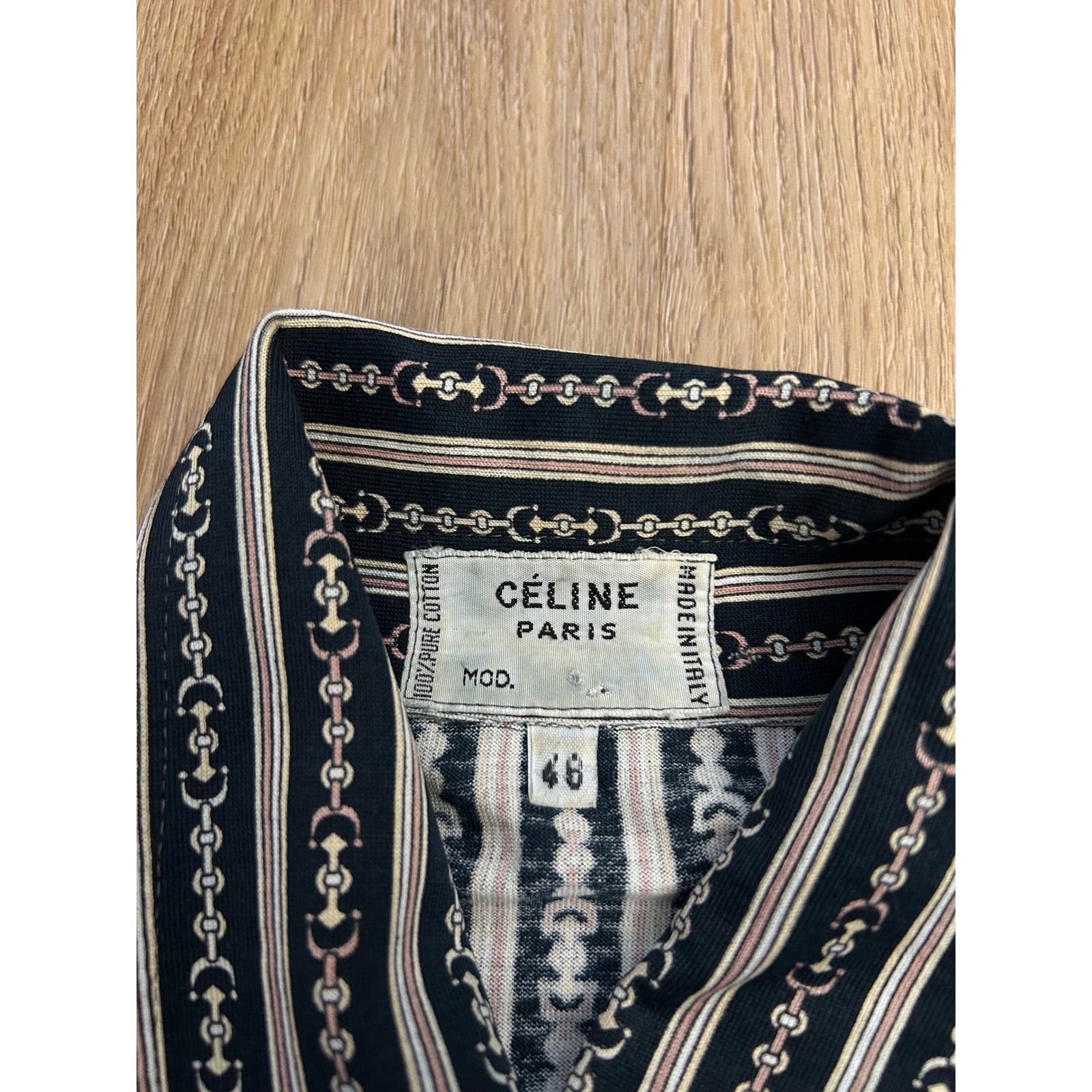 Celine Paris Vintage Striped Chain Link Button Down Shirt Black Cotton 46 luxury