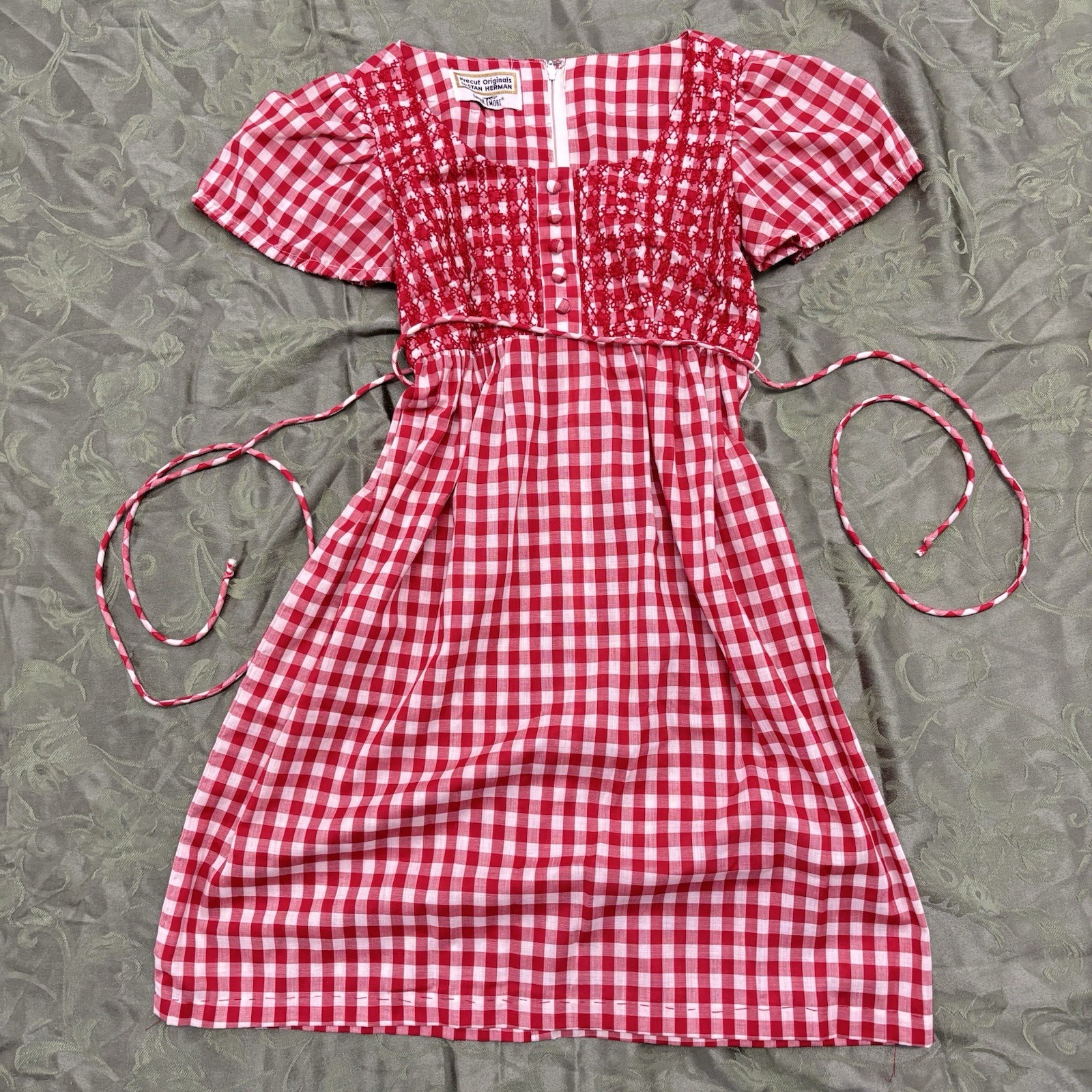 Vtg 60s Mr Mort Stan Herman Precut Originals Gingham Smocked Mini Dress Red XS S