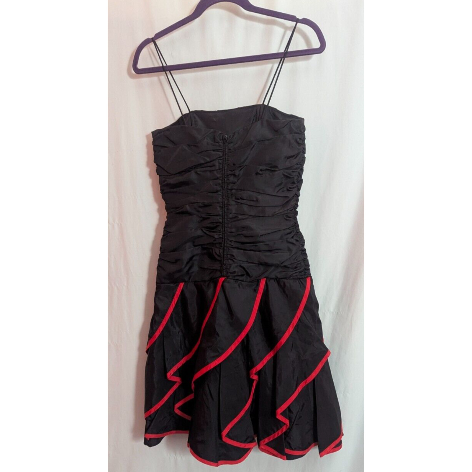 Vtg Hanna Lee Black Red Ruched Formal Dress Size 5/6 Glam Rock Goth Grunge