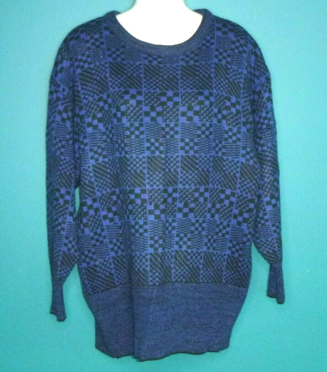 Vtg 80s Midnight Blues Oversized Acrylic Sweater Royal Blue & Black Check Sz M
