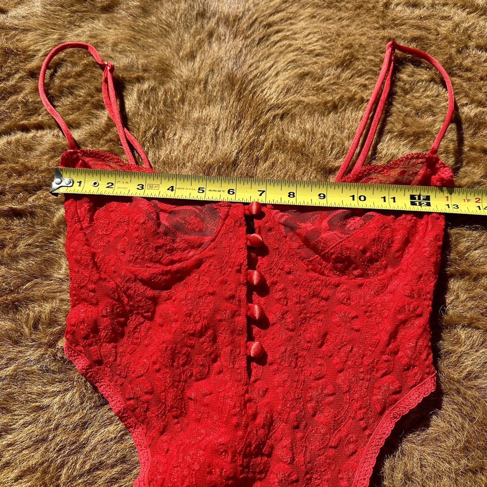 Vintage 90s Chic Red Lace Button Bow Thong Lingerie Bodysuit USA Ribbon Present