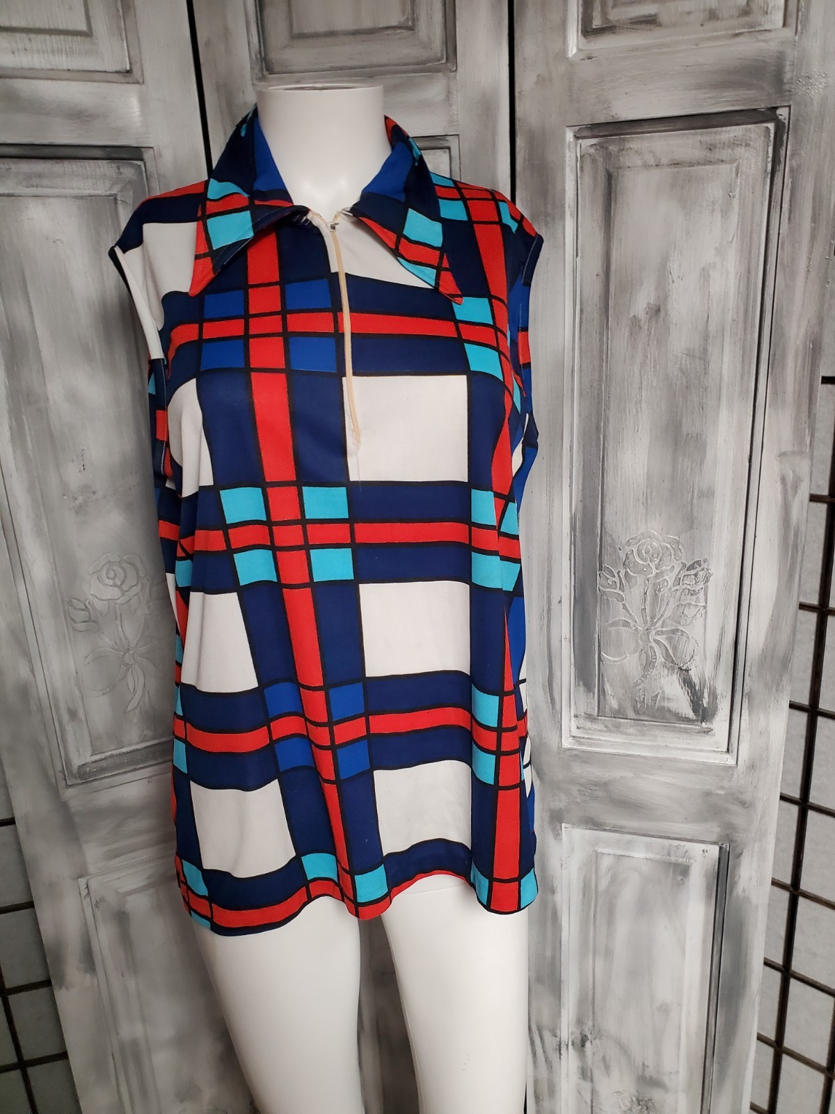 VTG 60s 70S Zip Up L Blouse Top SHIRT Dagger Collar Mod Stretch Sleeveless