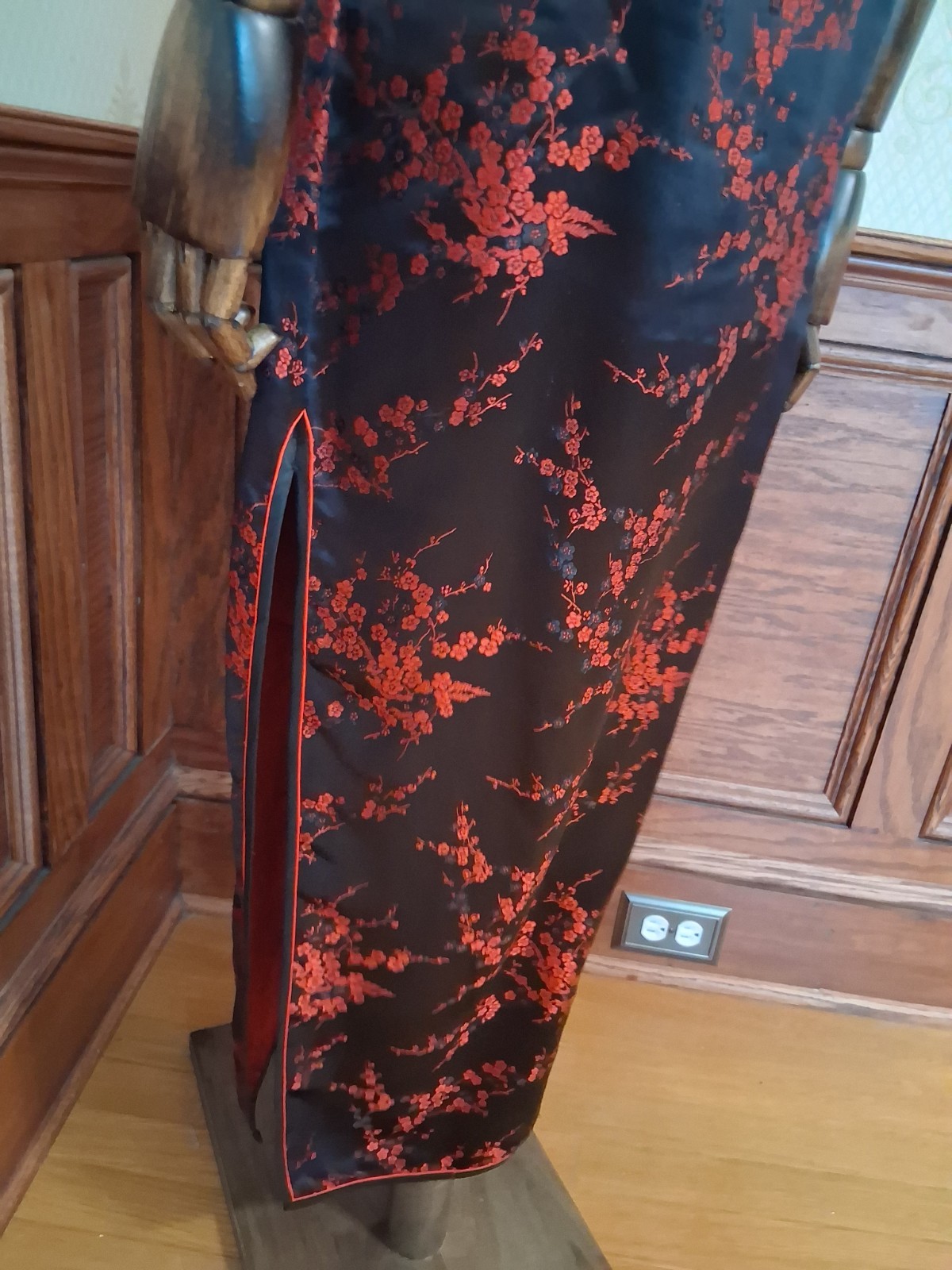 Vintage 1980s/90s Black Red Cherry Blossom Brocade Satin Cheongsam Chinese Dress