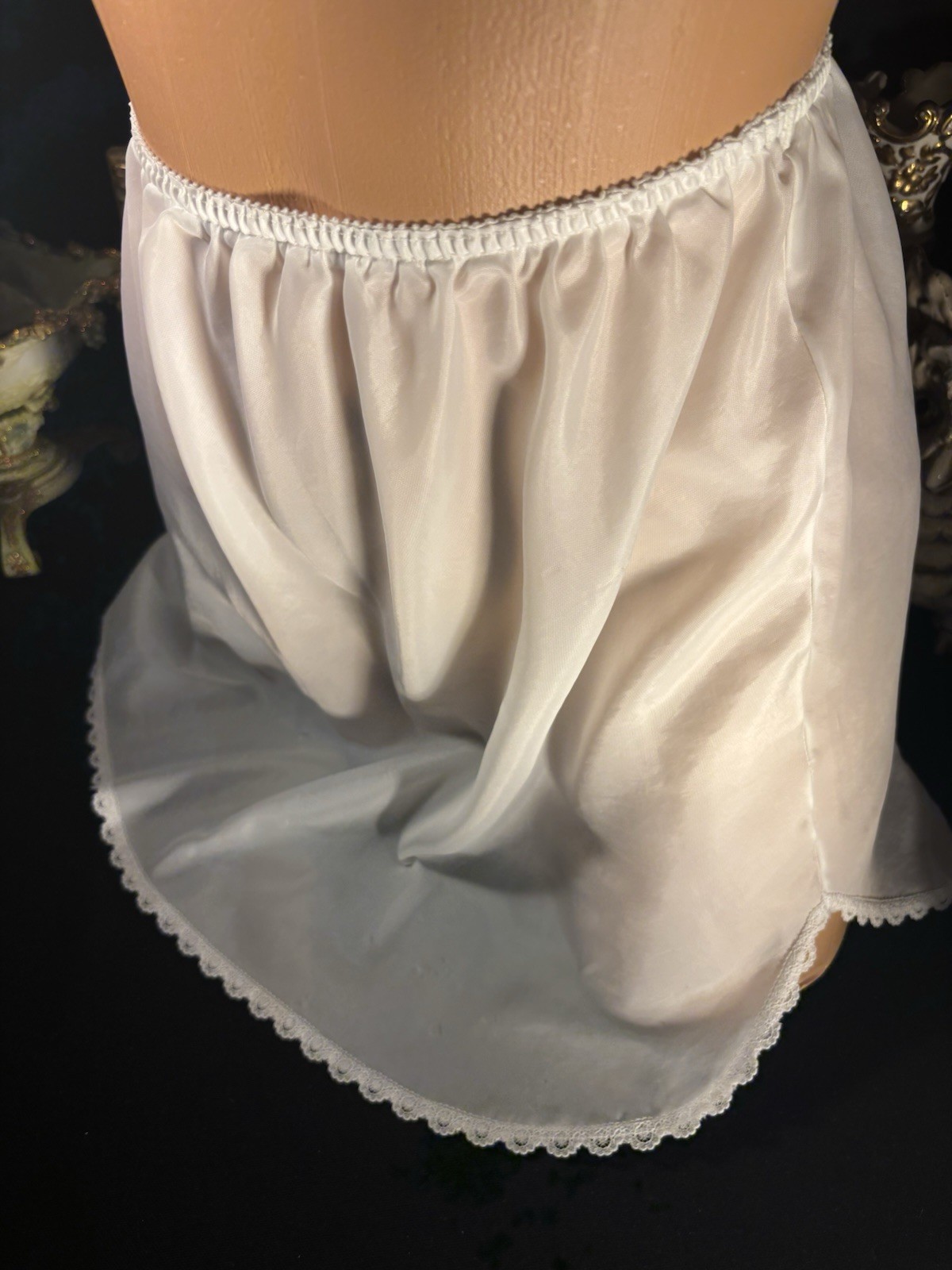Vtg SATIN THIN TISSUE SHEER MINI SLIP SKIRT Oily Wet thin LINGERIE OFFICE SISSY