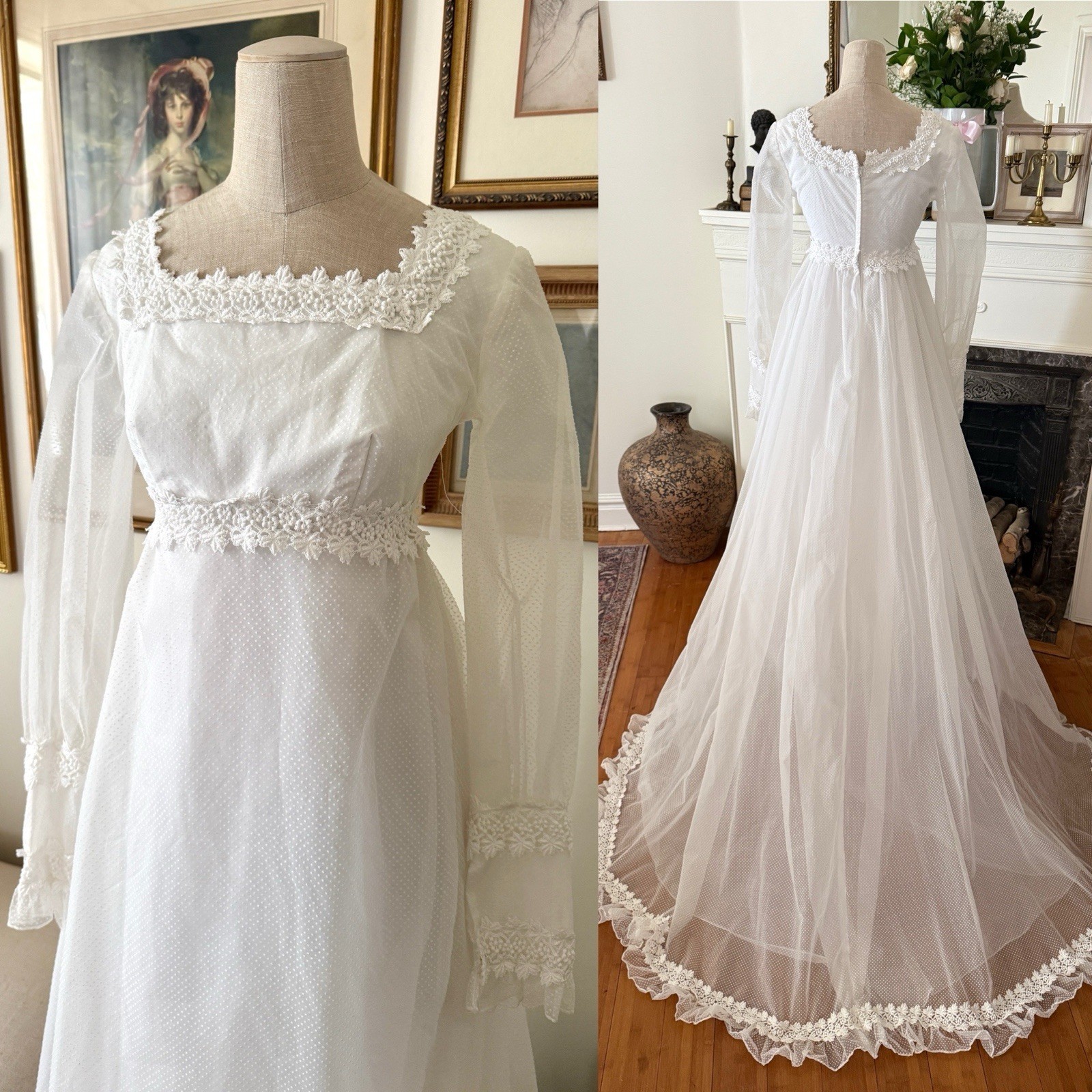 Vintage Handmade Regency 1970s Long Sleeve Wedding Dress Gown with Train