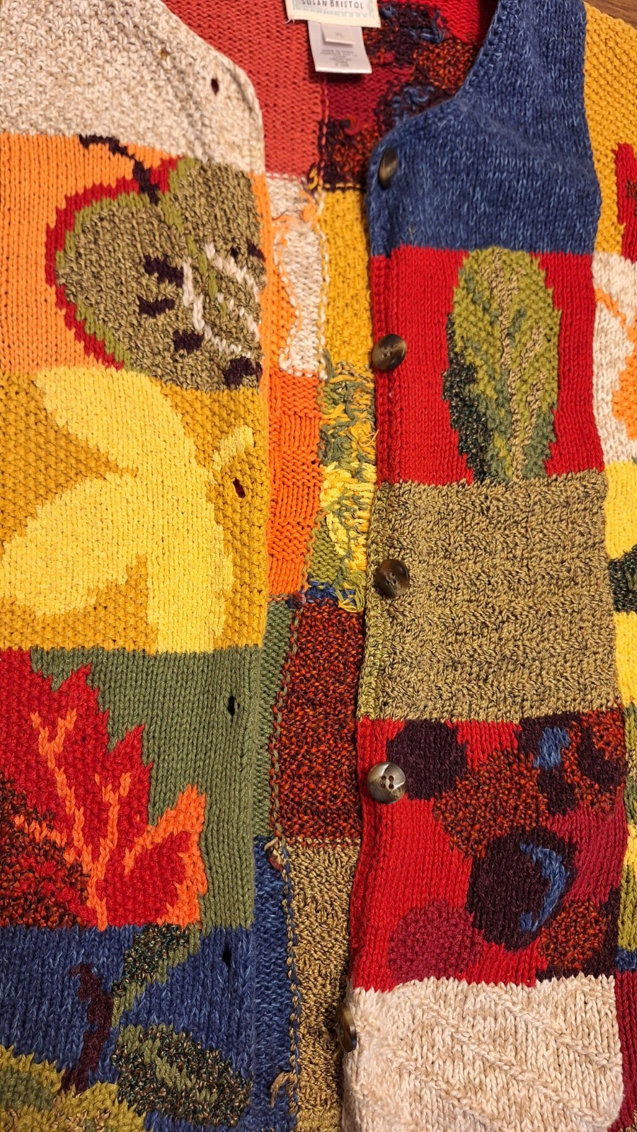 1990s Susan Bristol Patchwork Fall Apples Leaves Sunflower Rainbow Cardigan XL