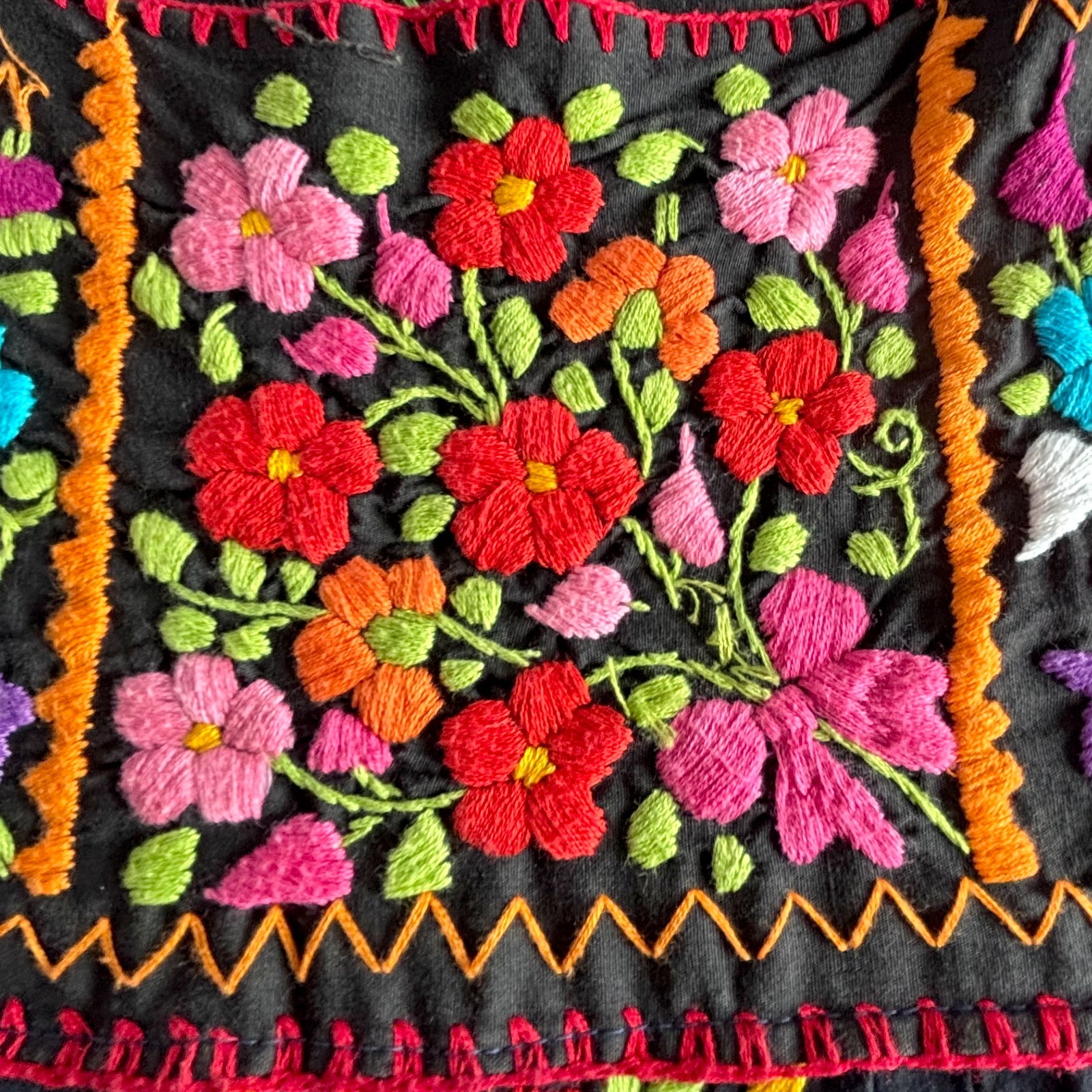 Vtg Black Cotton Colorful Floral Embroidered Mexican Oaxacan Maxi Dress Small