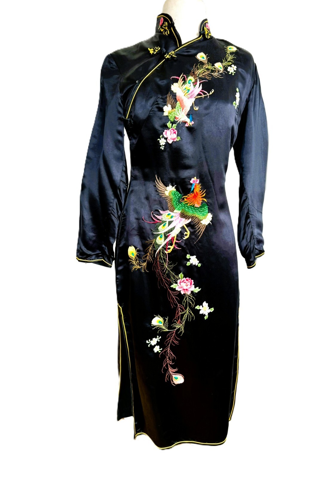 Women Chinese YiJin Black Silk Embroidered Birds Cheongsam Vintage Qipao SZ 32