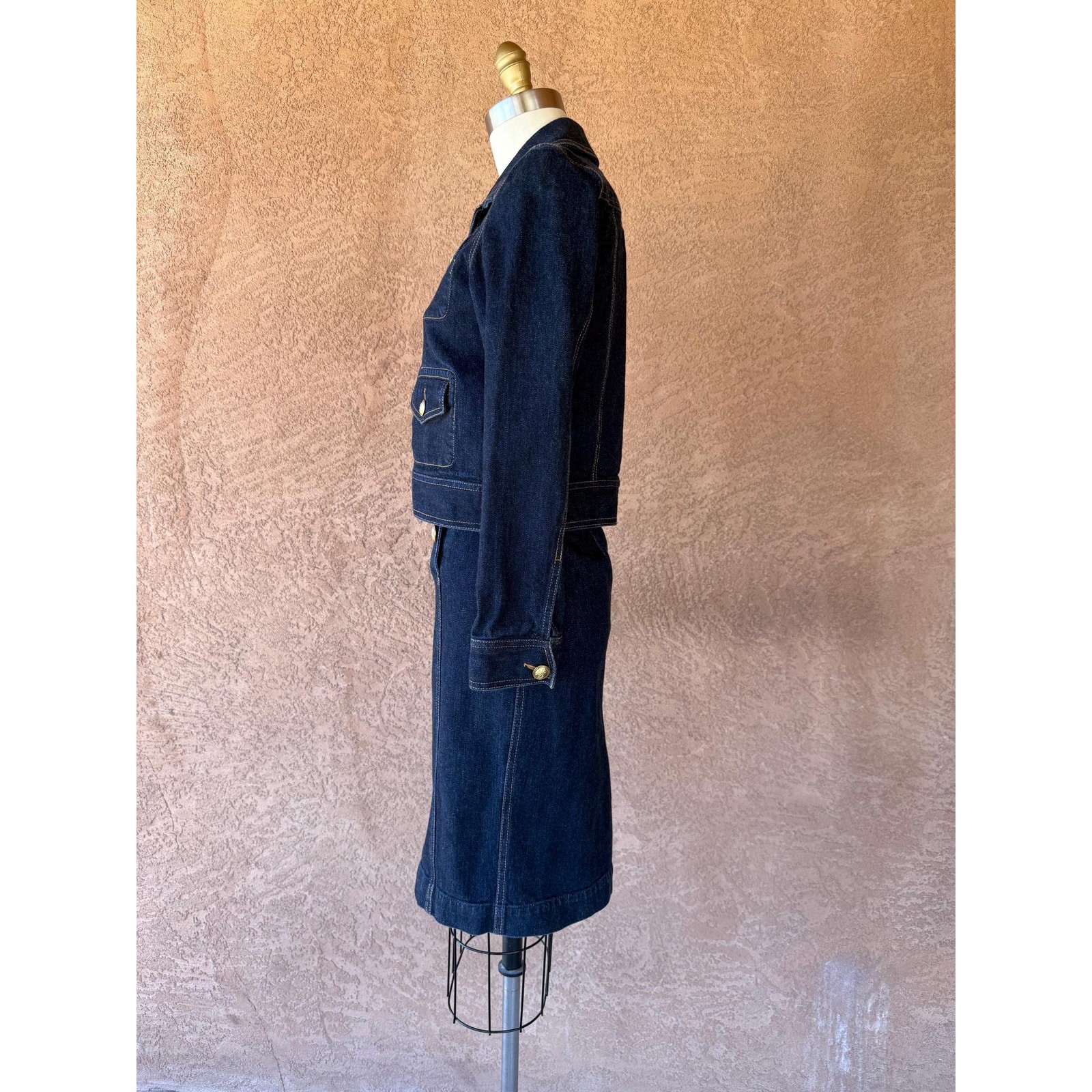 Vintage 2000s Ralph Lauren Denim Jacket & Skirt Set Gold Button Suit Petite