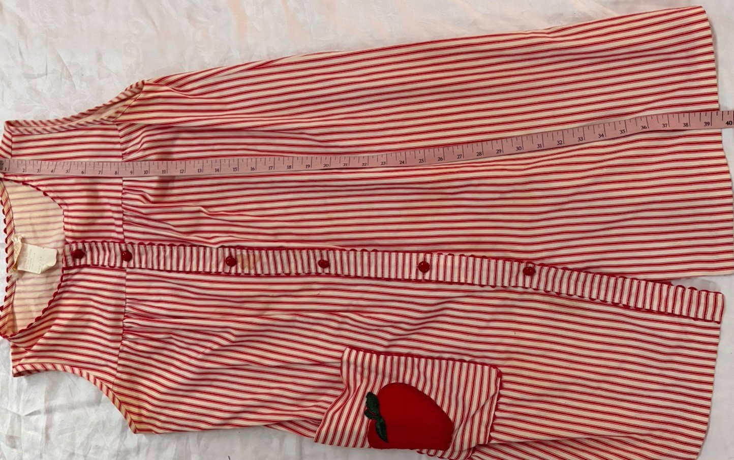 VINTAGE LEISURE LIFE House Dress Grandma Red Stripe Cute Apple Pockets Large