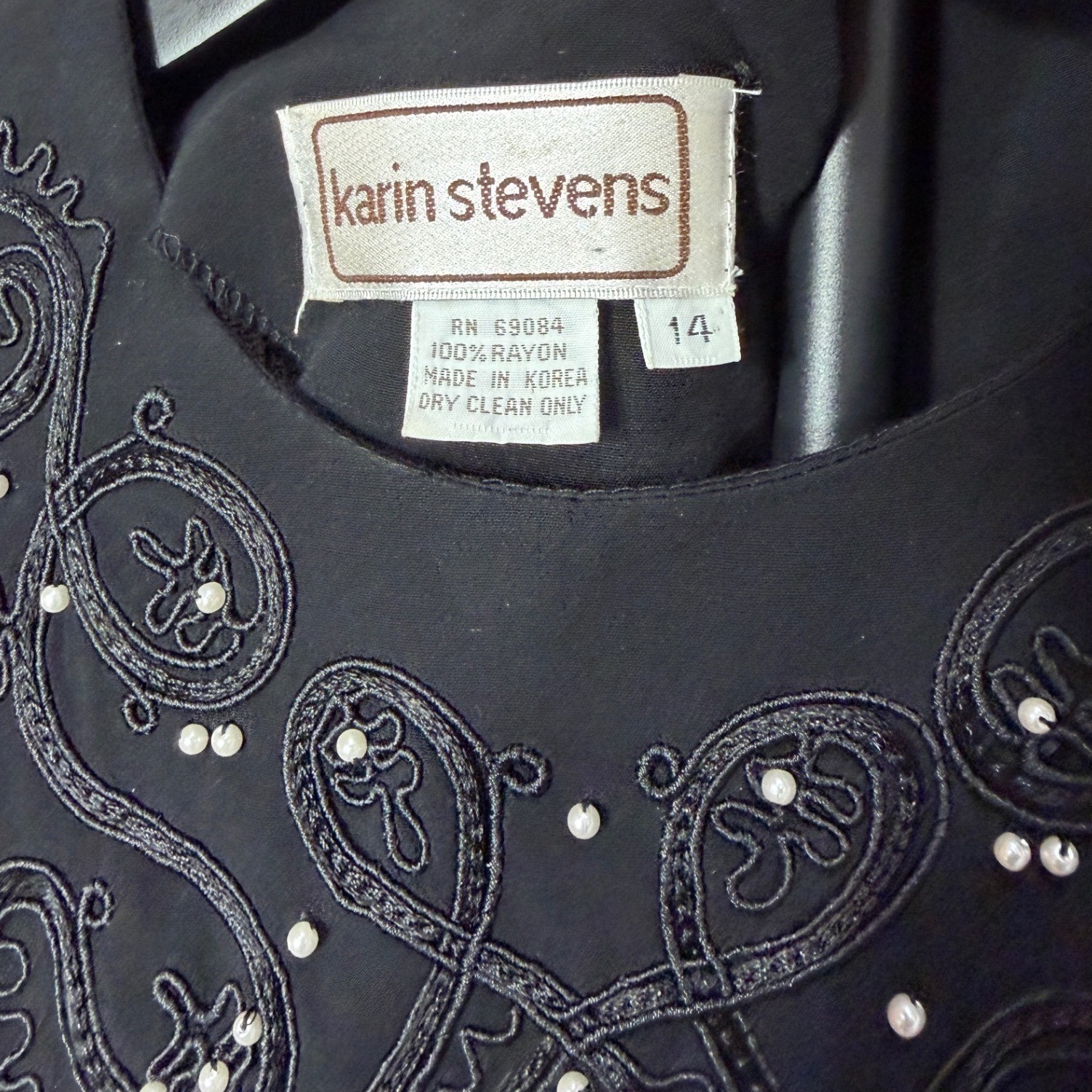 Karin Stevens Vintage Black Rayon Midi Dress Embroidered Size M