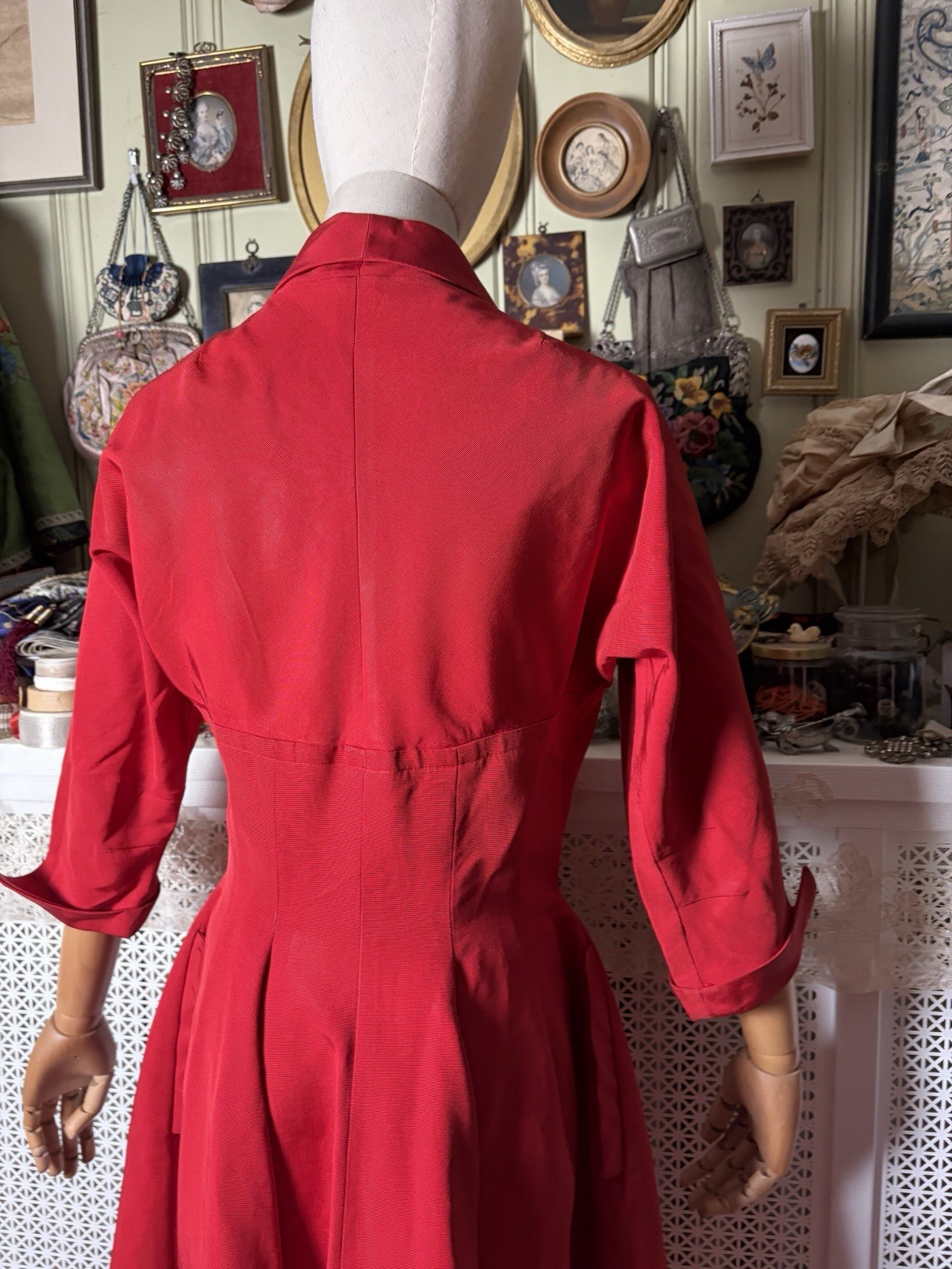 Vintage 1950s Bright Red Rayon Faille Tailored Fit And Flare Dress