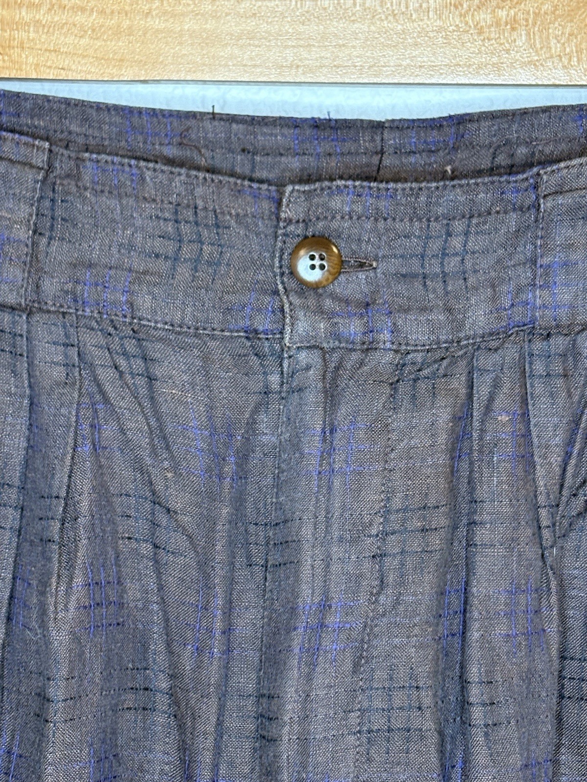 Vintage Gianni Versace Brown Blue Windowpane Pants Italy 25 High Rise Pleated