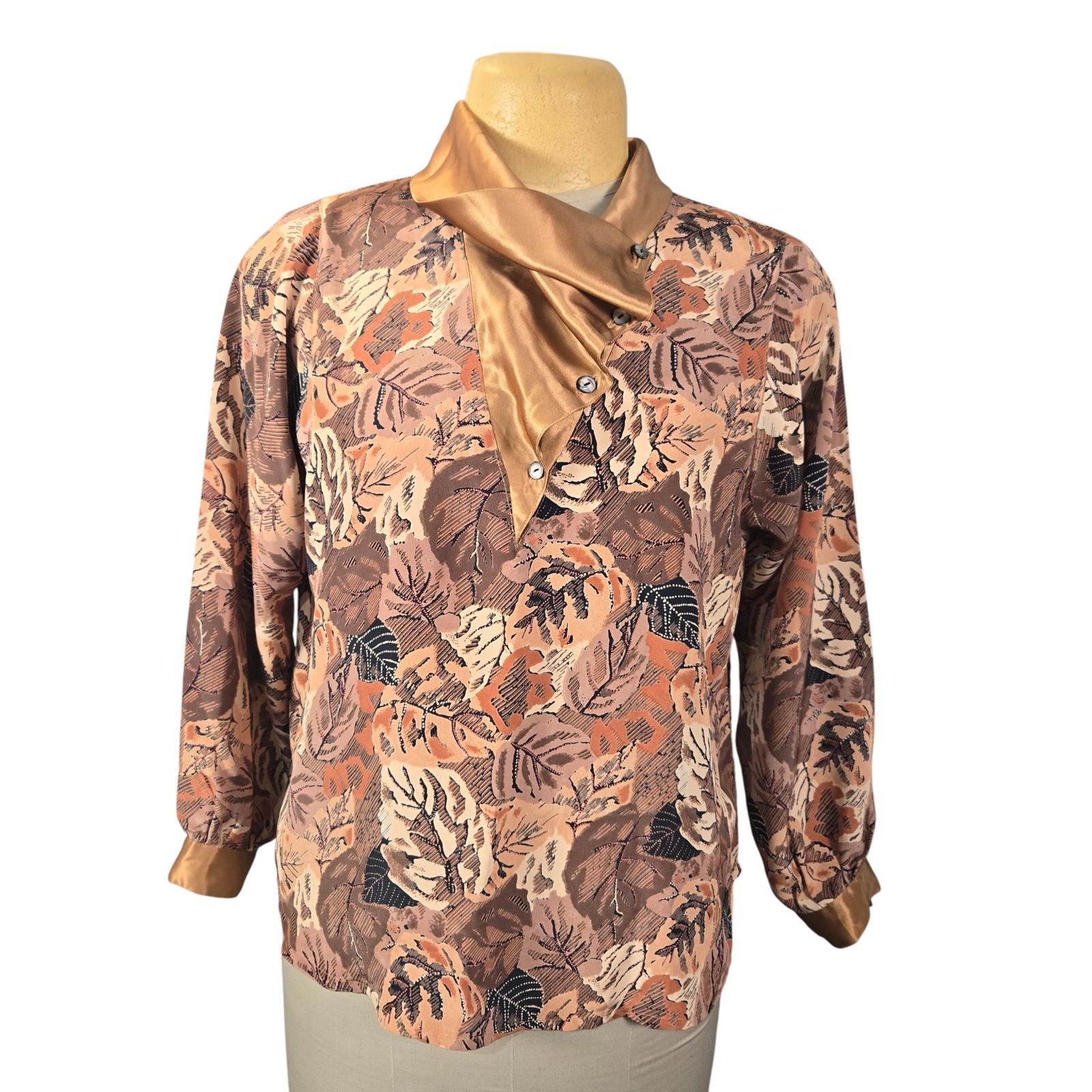 Vintage Macaw Womens Leaf Print Blouse Asymmetrical Satin Collar Brown Copper