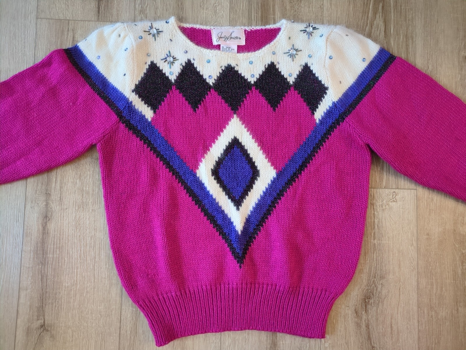 Vintage Bold Geometric Angora Wool Blend Top Fuschia Embellished 80s Mom Sweater