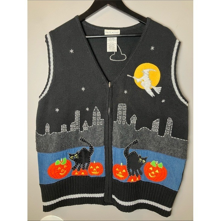White Stag Vintage Black Ramie Cotton Blend Halloween XL Vest Witchy Pumpkins