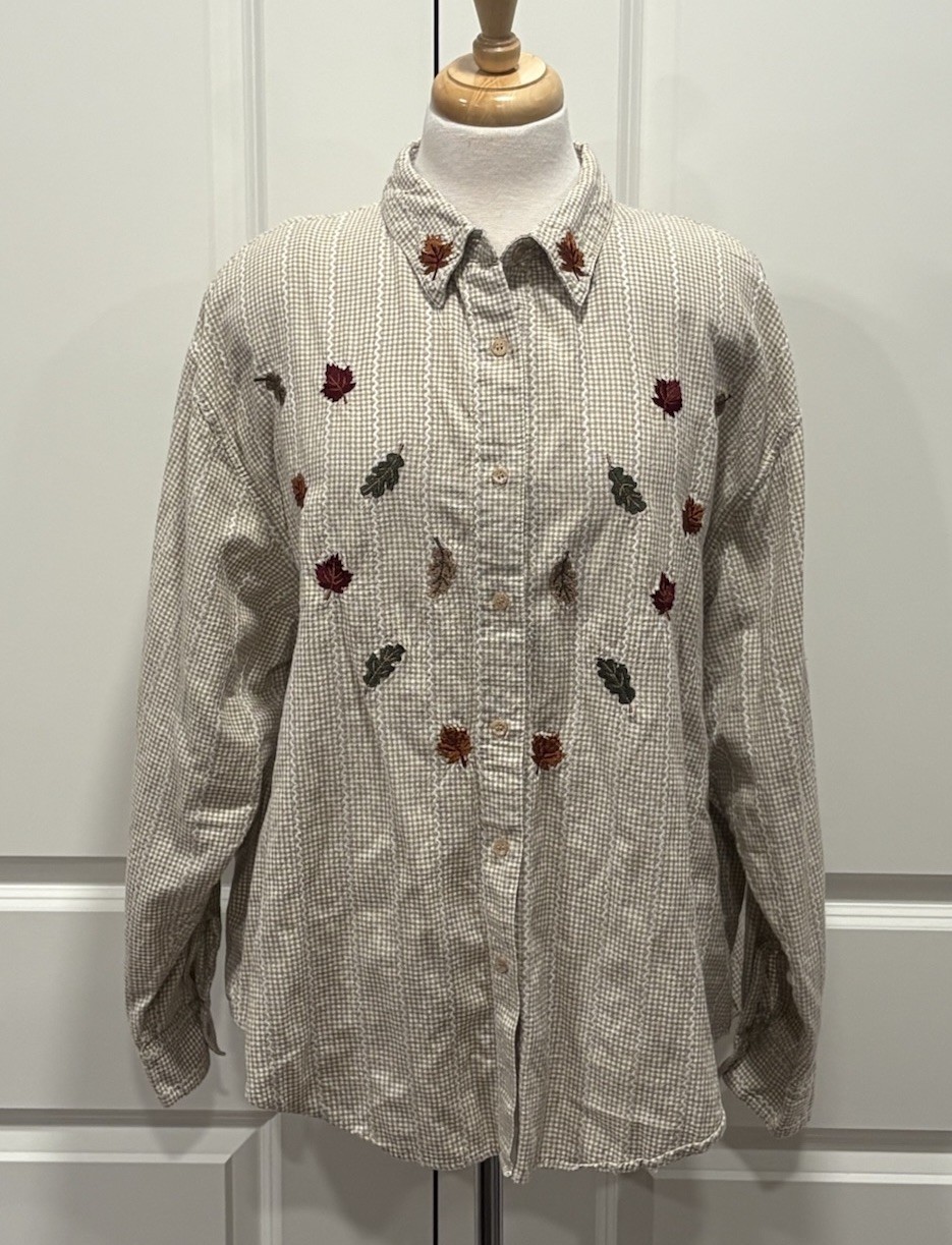 Vintage Embroidered Plaid Button Up Shirt Sz 2X Gingham Leaves Fall Teacher
