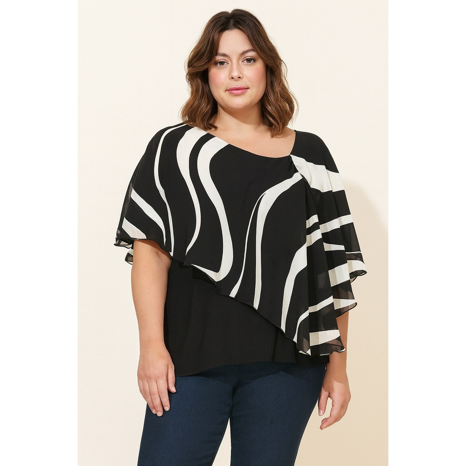 LoLLoL USA Top Blouse Black & White Striped 3/4 Sleeve Knit Lining Women&rsquo;s 3XL