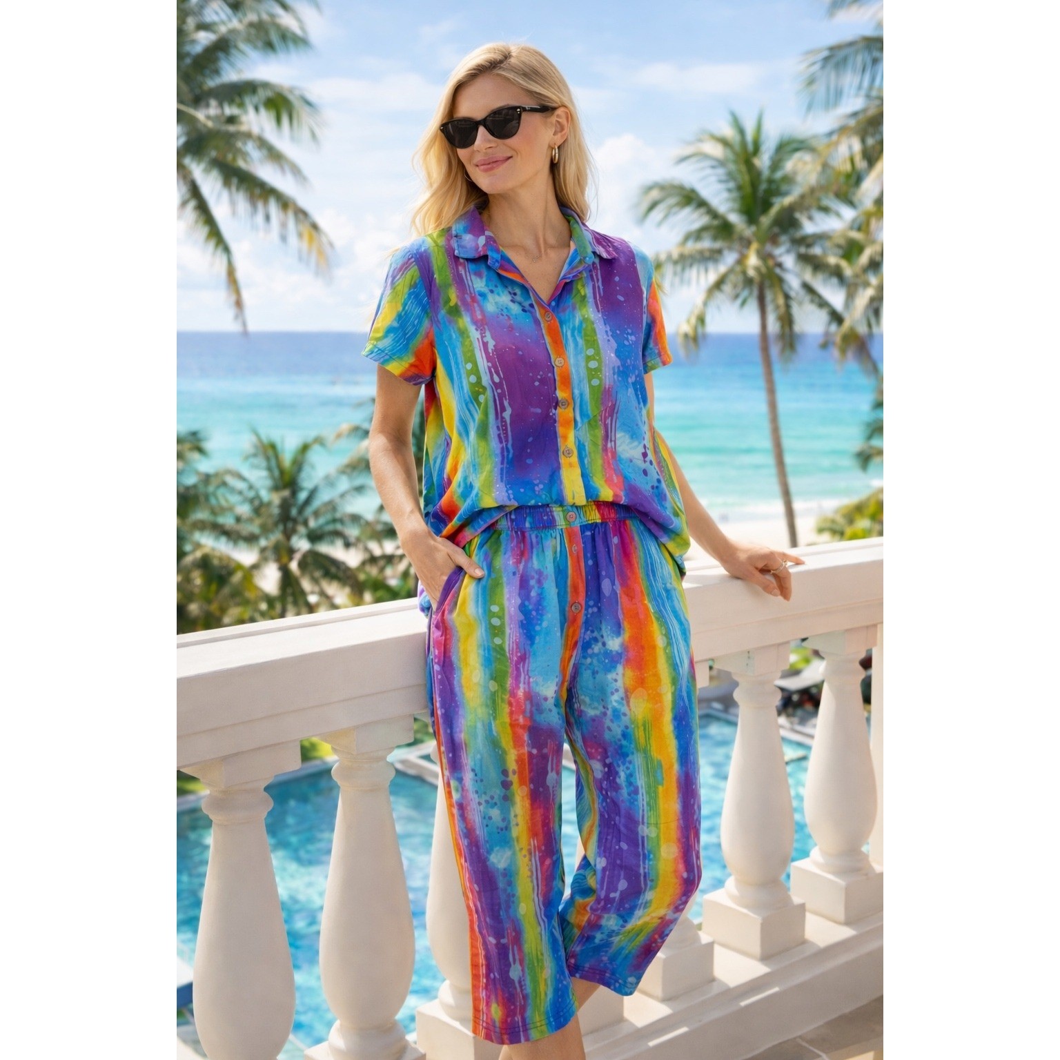 Vintage 90s Jams World Set L Watercolor Rainbow Hawaiian Resort Lounge Outfit