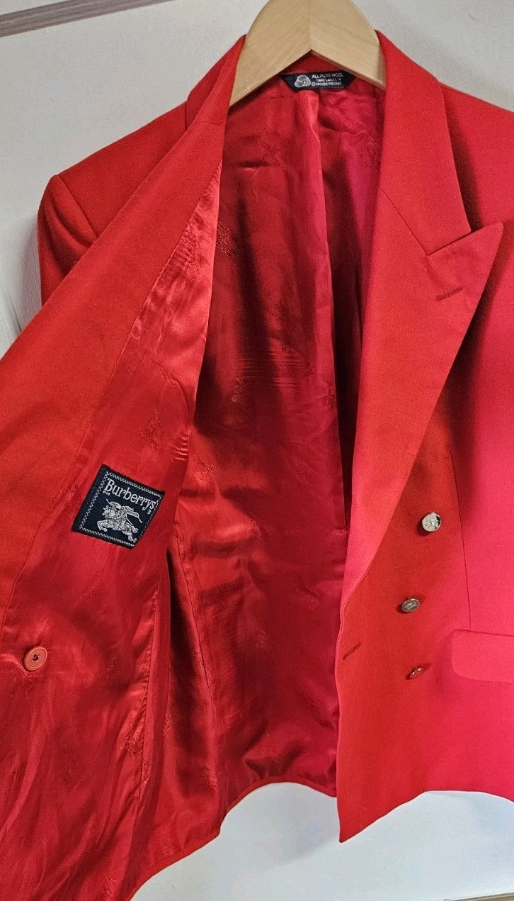 Vintage Burberrys&rsquo; Patrick James Cherry Red Double Breasted Wool Blazer Sz Lrg
