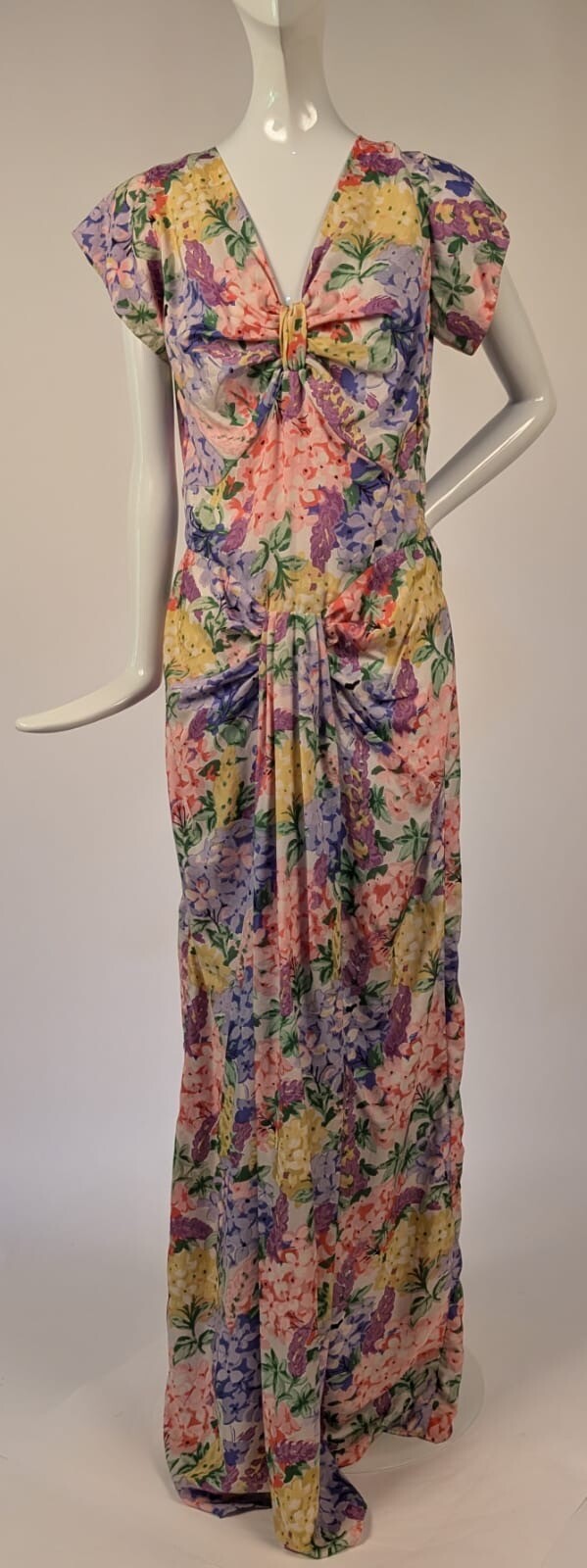 HOLLYWOOD GLAMOUR 1930’S FLORAL SILK LONG DRESS W GATHERED FRONT