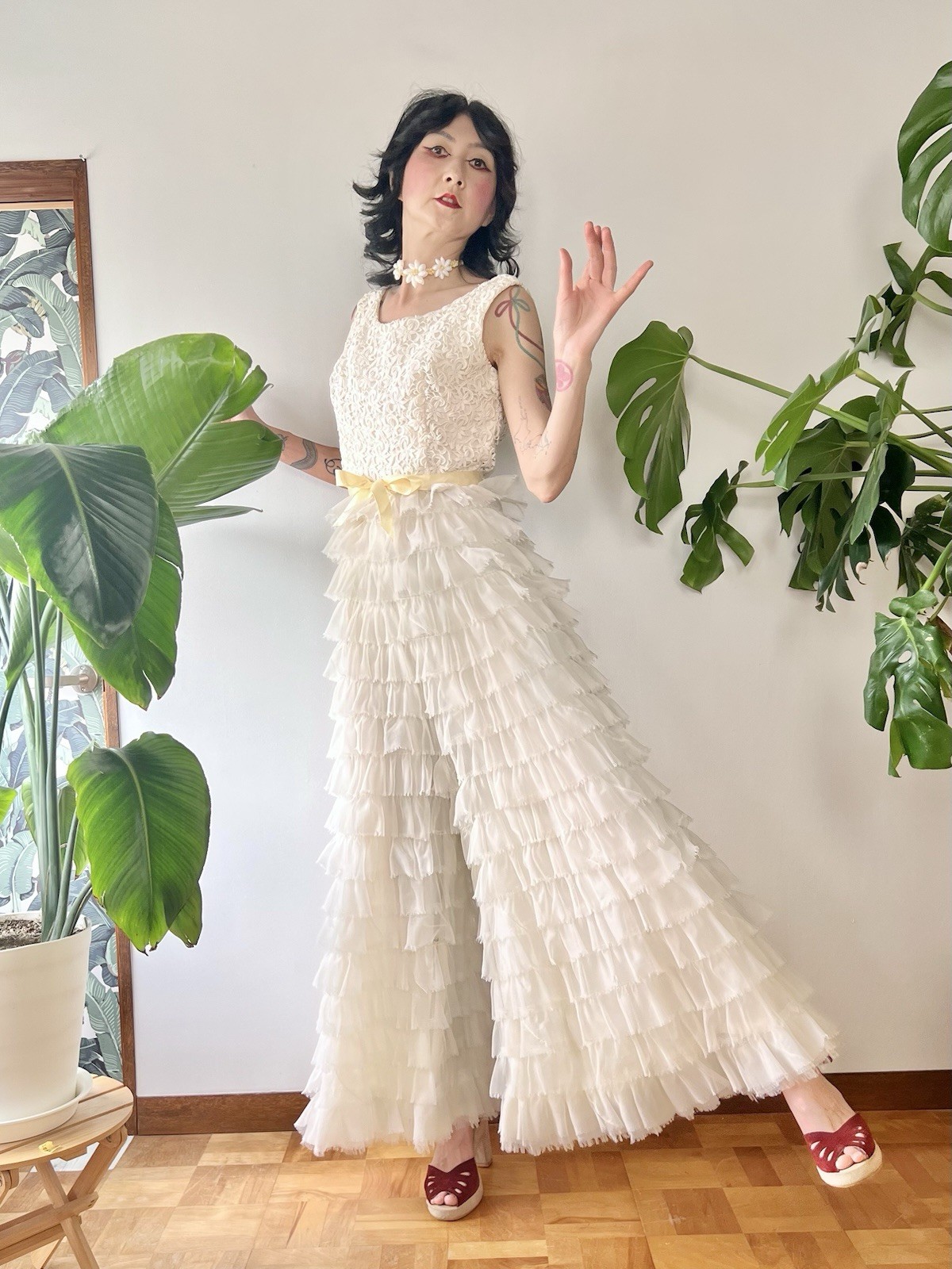 VTG 60s Kadine Lace Palazzo Jumpsuit White Tiered Chiffon Ruffle Mod Bridal S