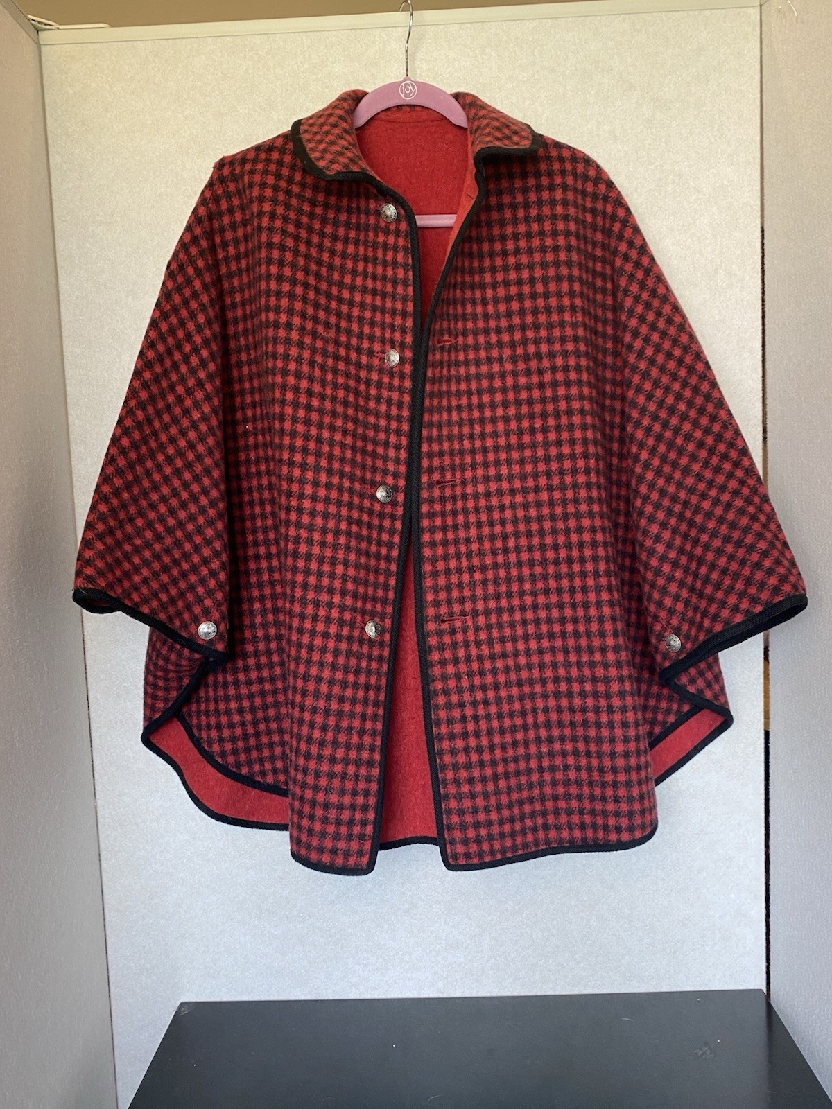 Vintage Wool Cape Red Black Reversible Solid Tartan Plaid Cloak Austrian Buttons