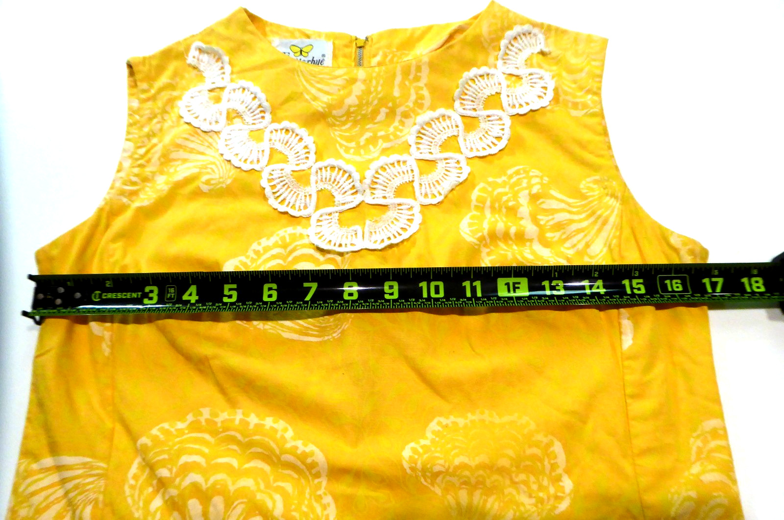 VTG 60s Flutterbye Mod Shift Dress Yellow Pique Shell Lace Summer Resort Sun S