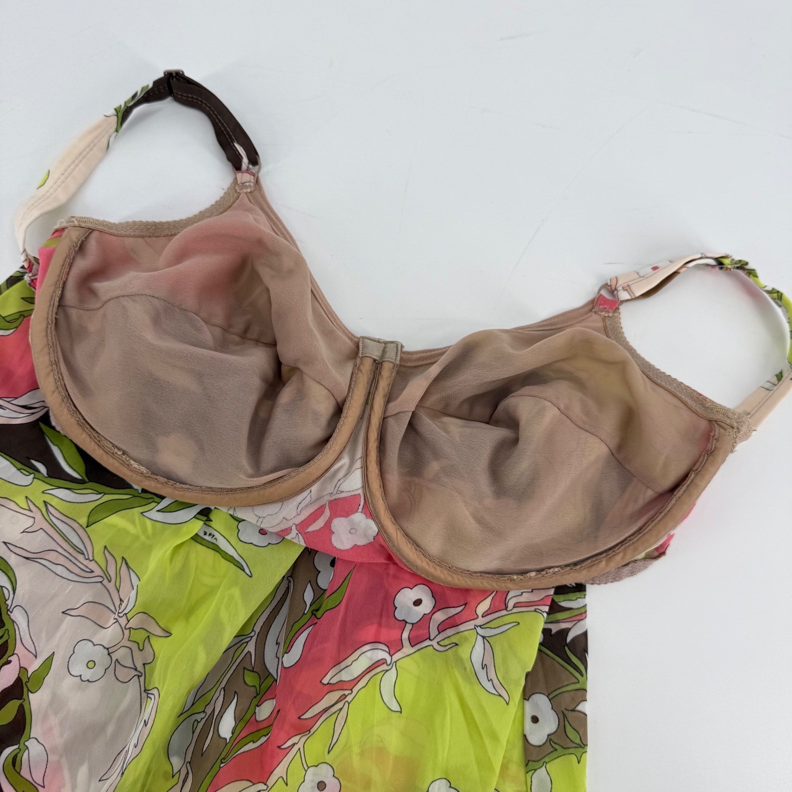 Vintage Emilio Pucci Floral Mesh Lingerie Slip Dress 36D Small Pink Green