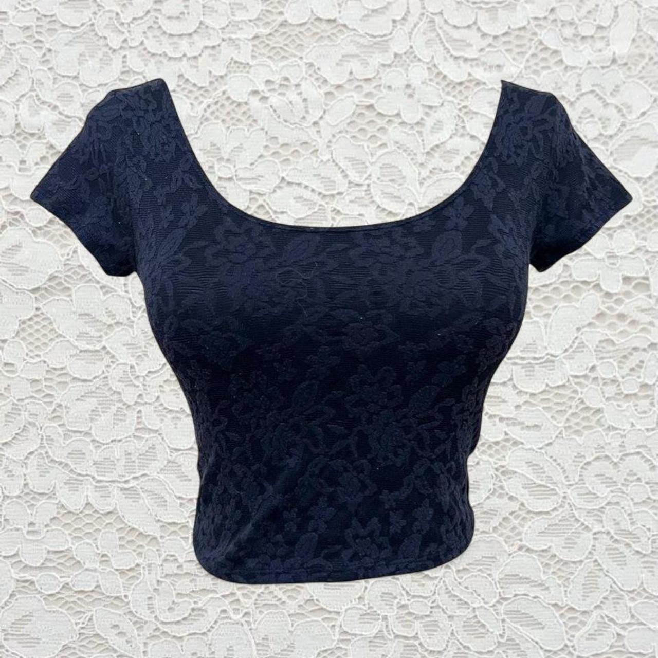 vintage abercrombie navy blue lace top with open back