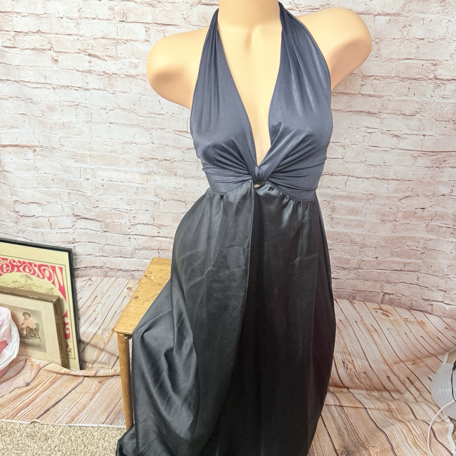 Vintage Lingerie Long Black Halter Nightgown Dress Lucie Ann USA S/M
