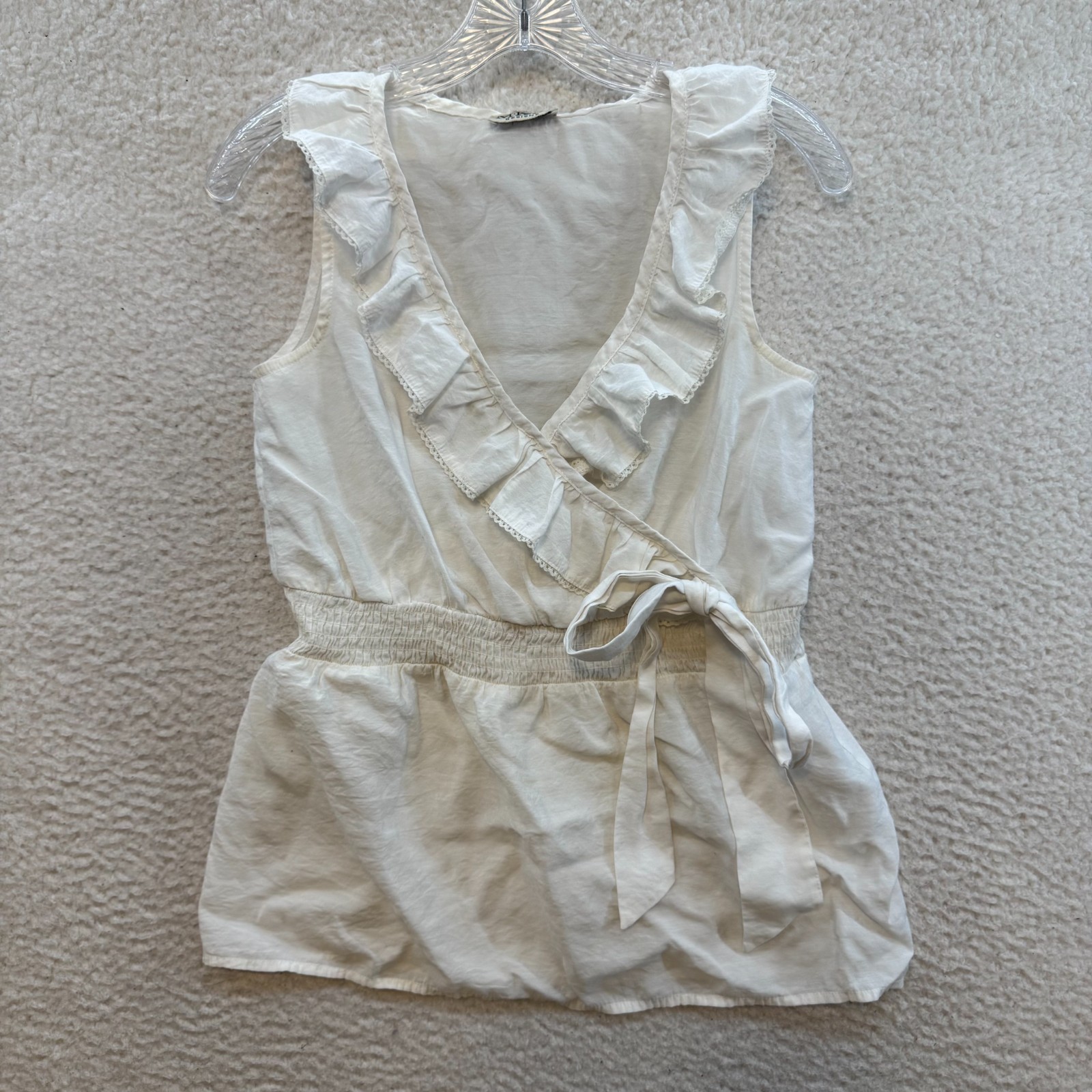 Y2K Vintage Top Blouse Medium White Ruffle Sleeveless Wrap Coquette Boho Fairy