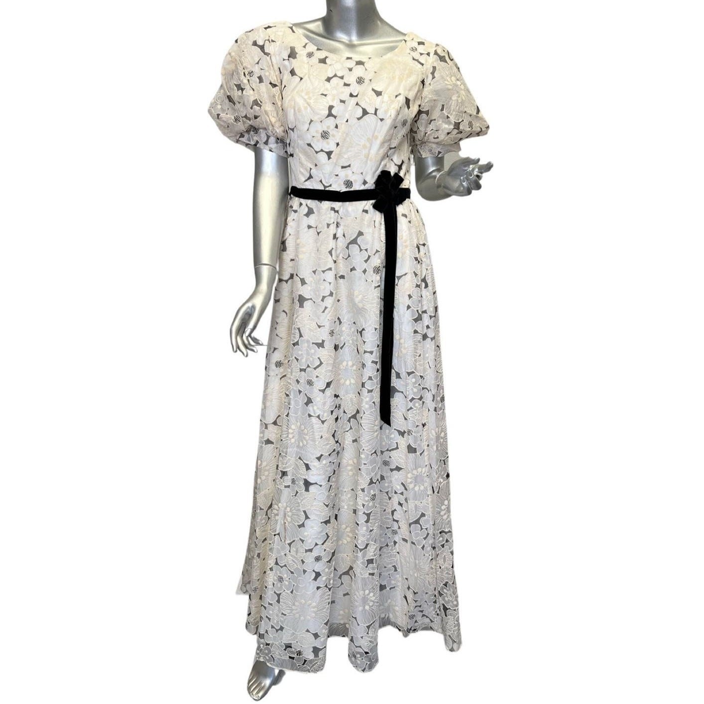 Vintage 1970s Nadine Black White Floral Regencycore Maxi Dress Med/Large