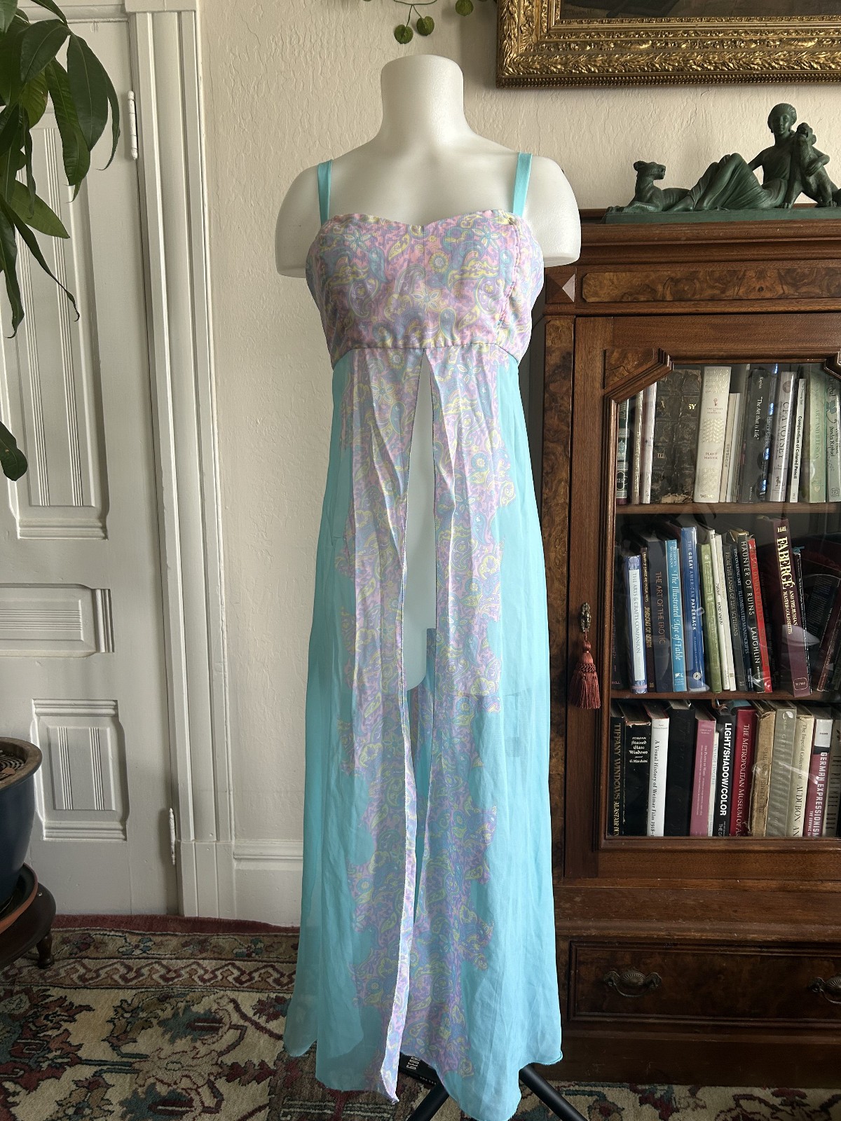 Vintage 70s Handmade Aqua Crop Top Chiffon Duster Maxi Dress Sheer Boho Fairy M