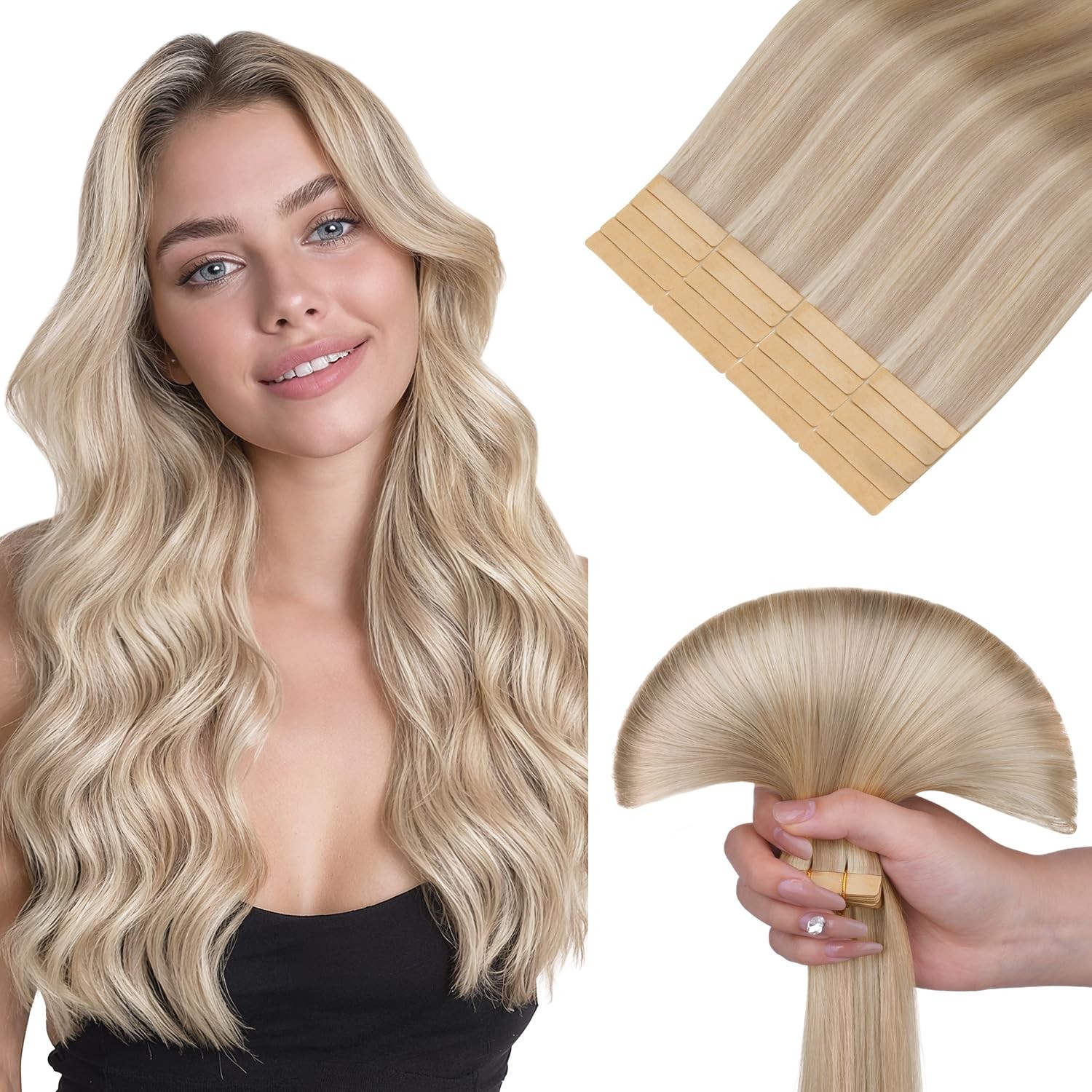 HOTBANANA Tape in Hair Extensions 16 Inch 20pcs 50g Icy Blonde Highlighted Plati