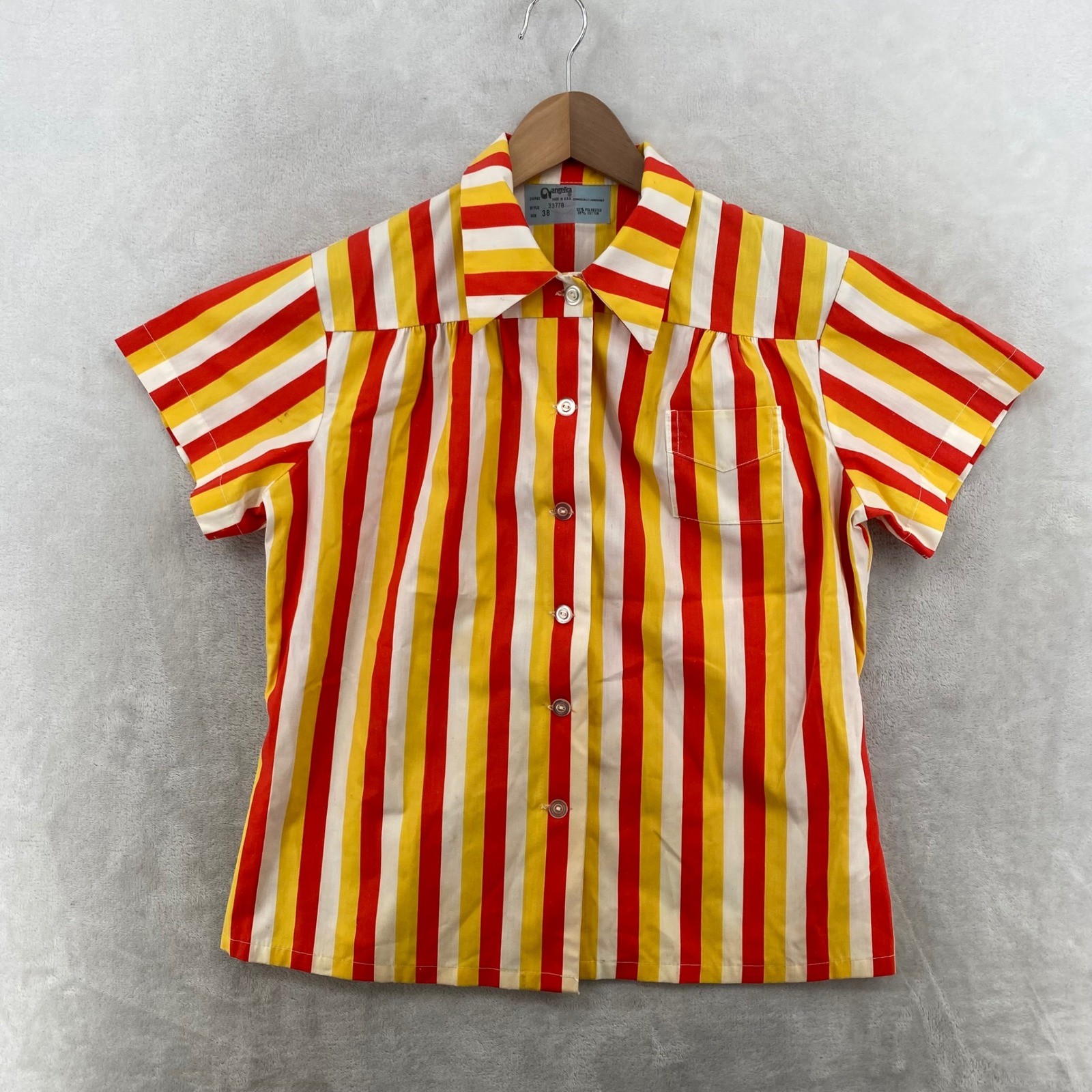 Vintage Angelica Uniform Shirt Red Yellow White Stripe Short Sleeve Button Up 38