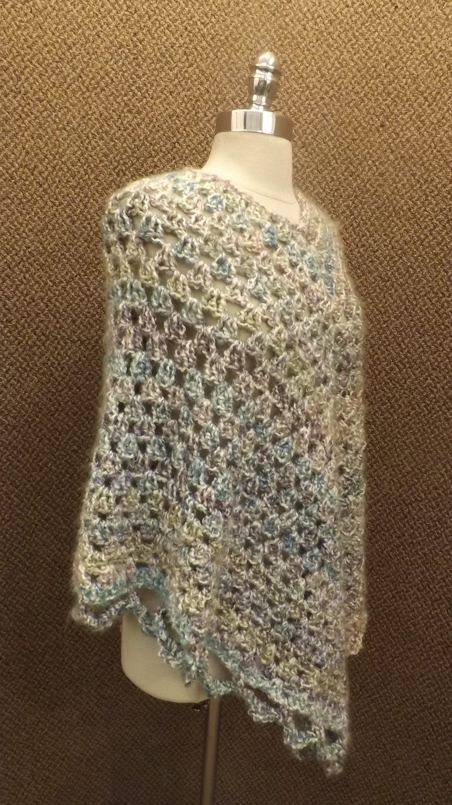 UNUSED Vtg Hand Crocheted Open Work Cape Blended Colors Purple Blue Gray White