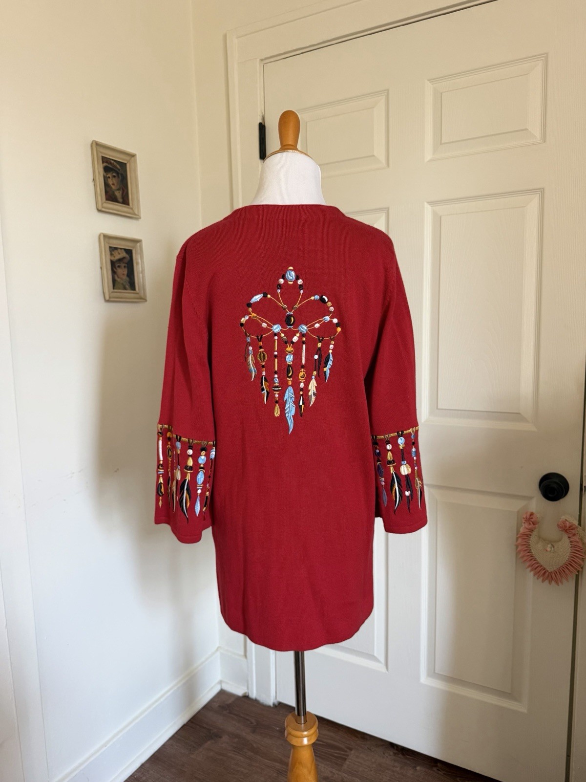 Vintage Bob Mackie Wearable Art Red Dreamcatcher Cardigan – Small