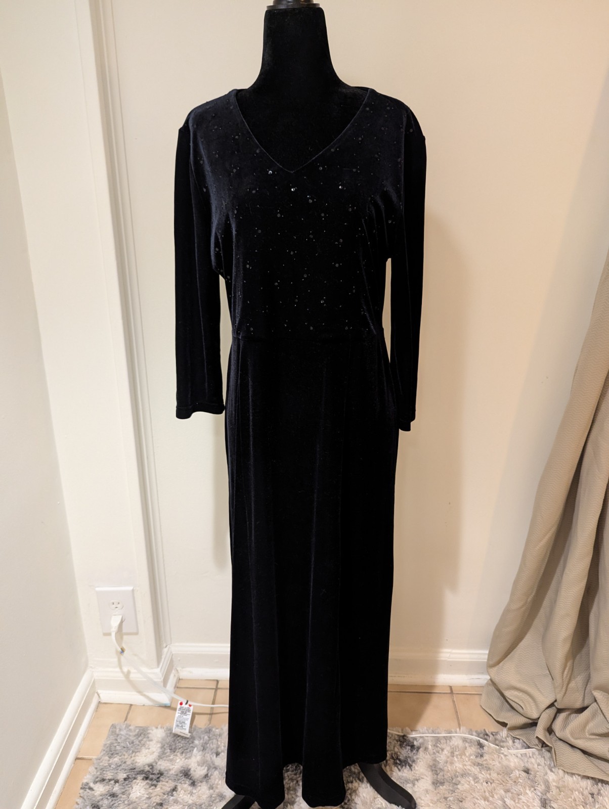 Vintage 1990s Laura Ashley Black Velvet Sequin Beaded Dress 3/4 Sleeve Large