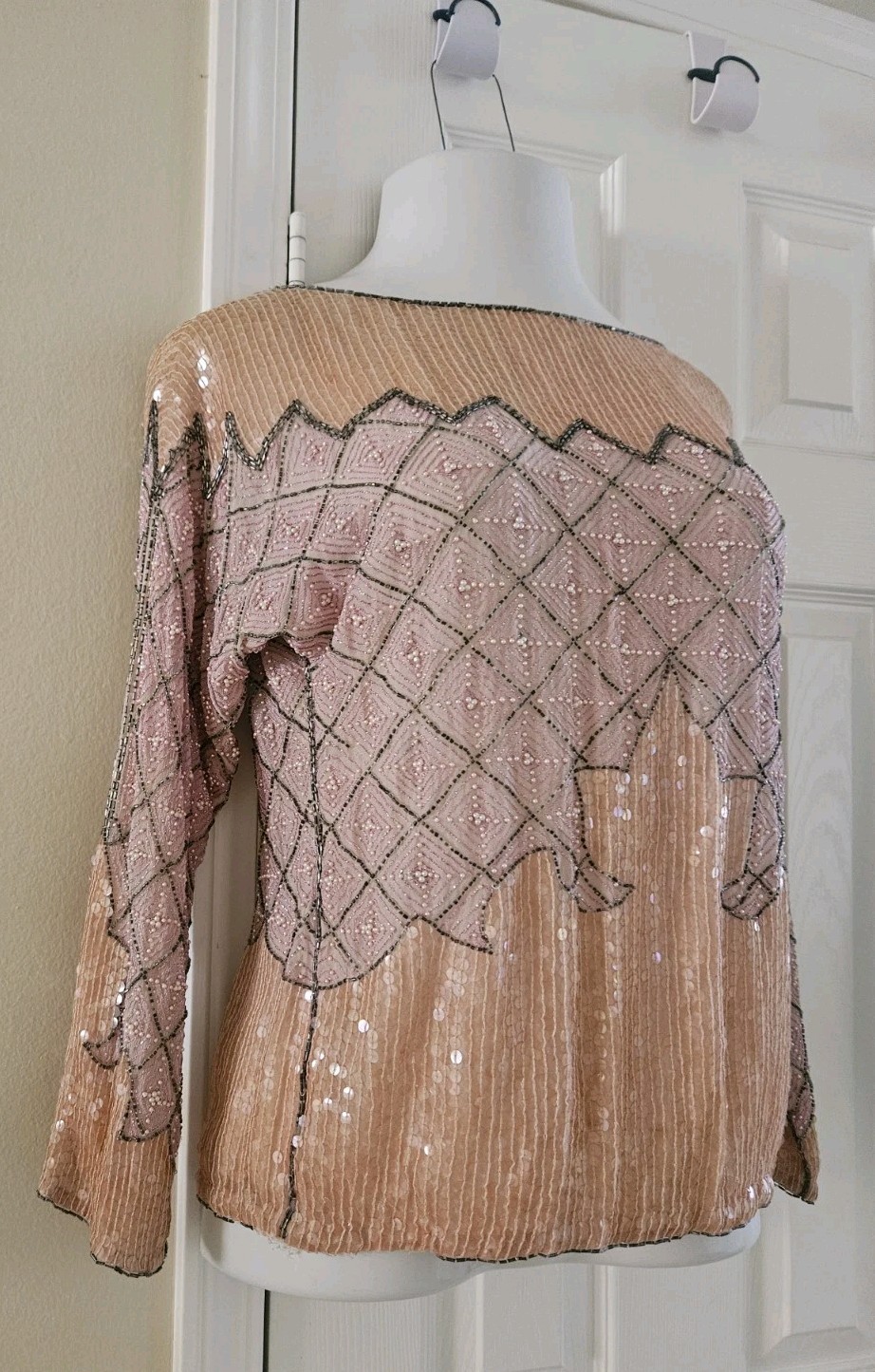 Unbranded Vintage 80s Beaded Sequin 100% Silk Formal Top Blouse Salmon Pink M