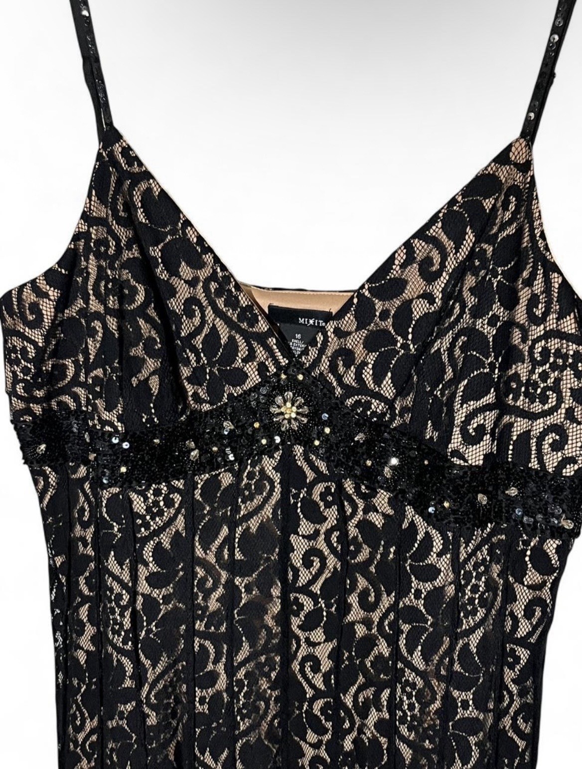 Vintage Black Lace Beaded Sequin Midi Dress Cocktail Party Sz 16