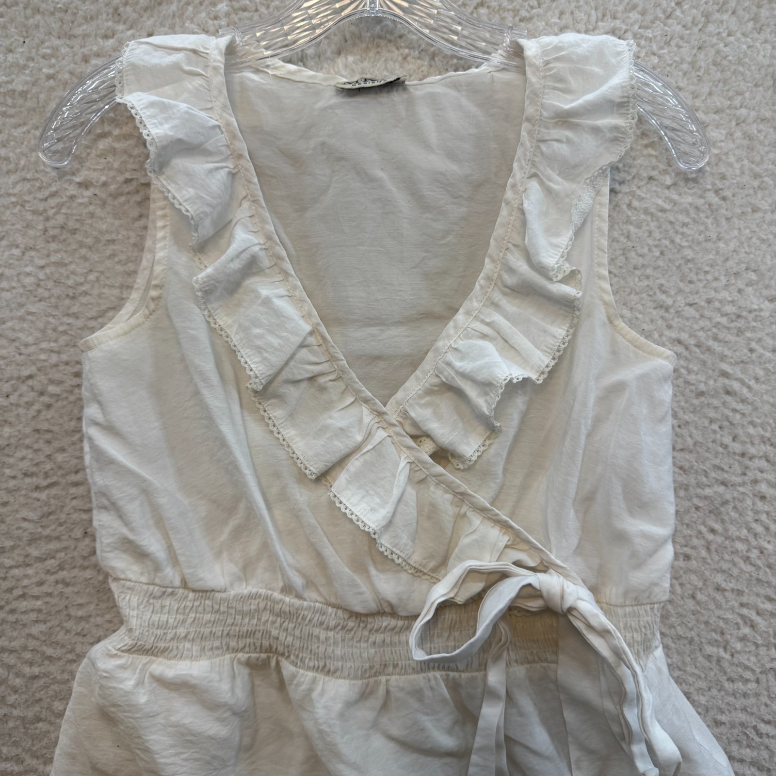Y2K Vintage Top Blouse Medium White Ruffle Sleeveless Wrap Coquette Boho Fairy
