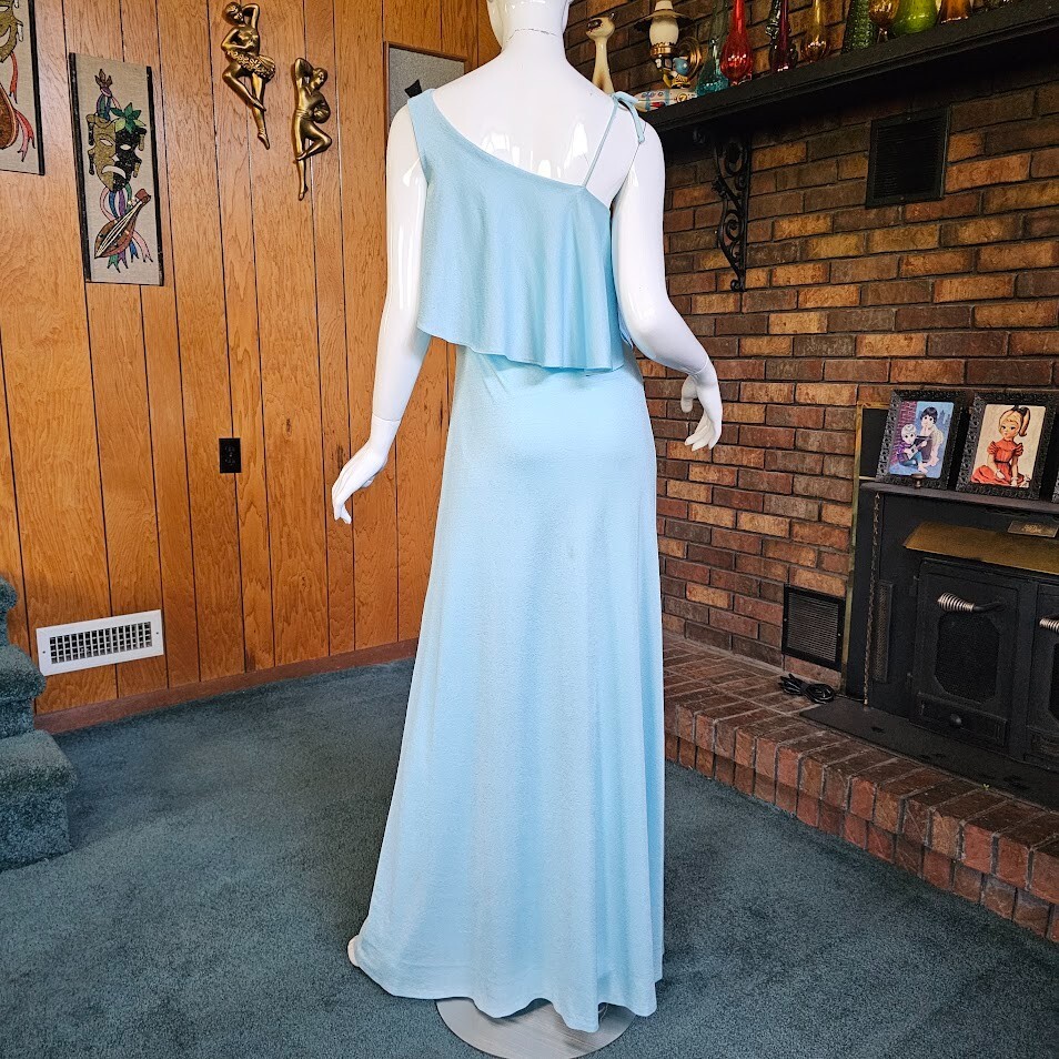 Vtg 70s Disco Cold Shoulder Soul Train Liquid Jersey Maxi Evening Dress Gown S/M