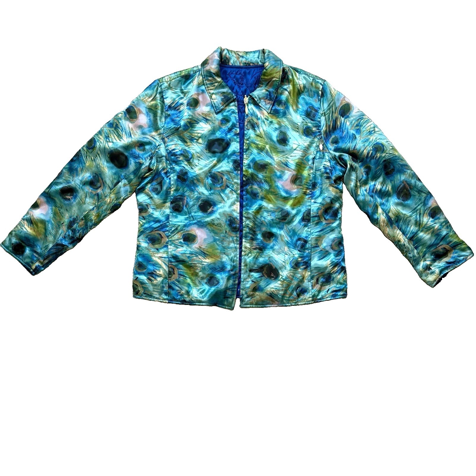 Vintage Reversible Peacock Feather Quilted Jacket Wearable Art Womens XL 80s 90s