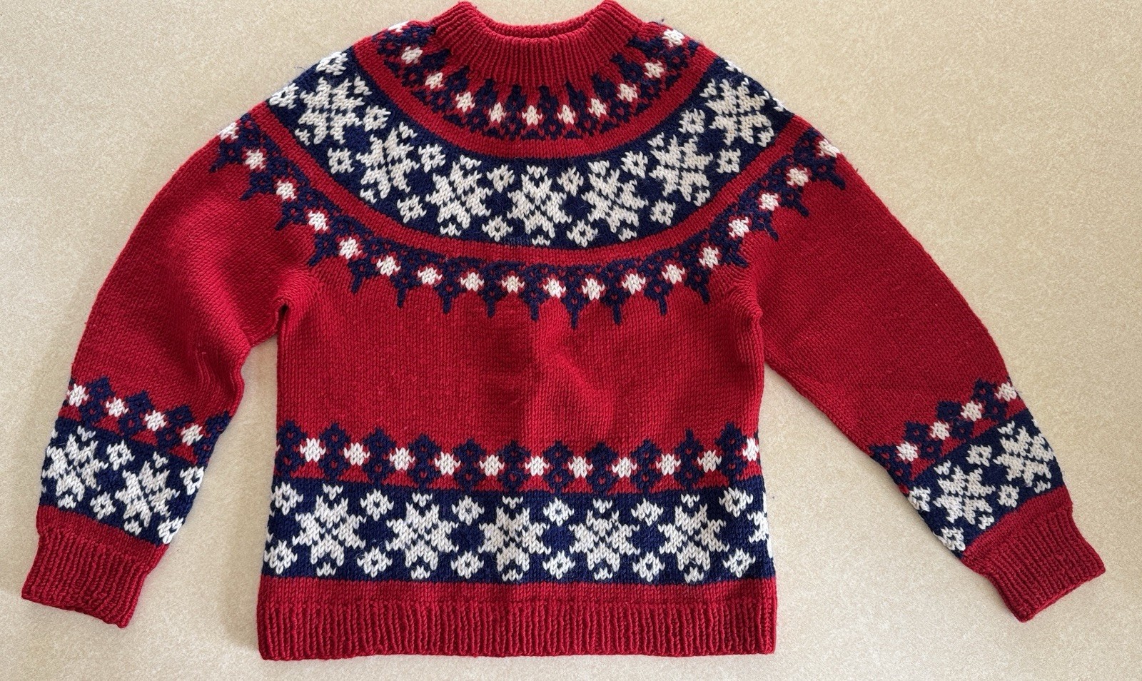 Vintage Hand Knit Fair Isle Wool Sweater Salzburg Austria Red Blue White S/M