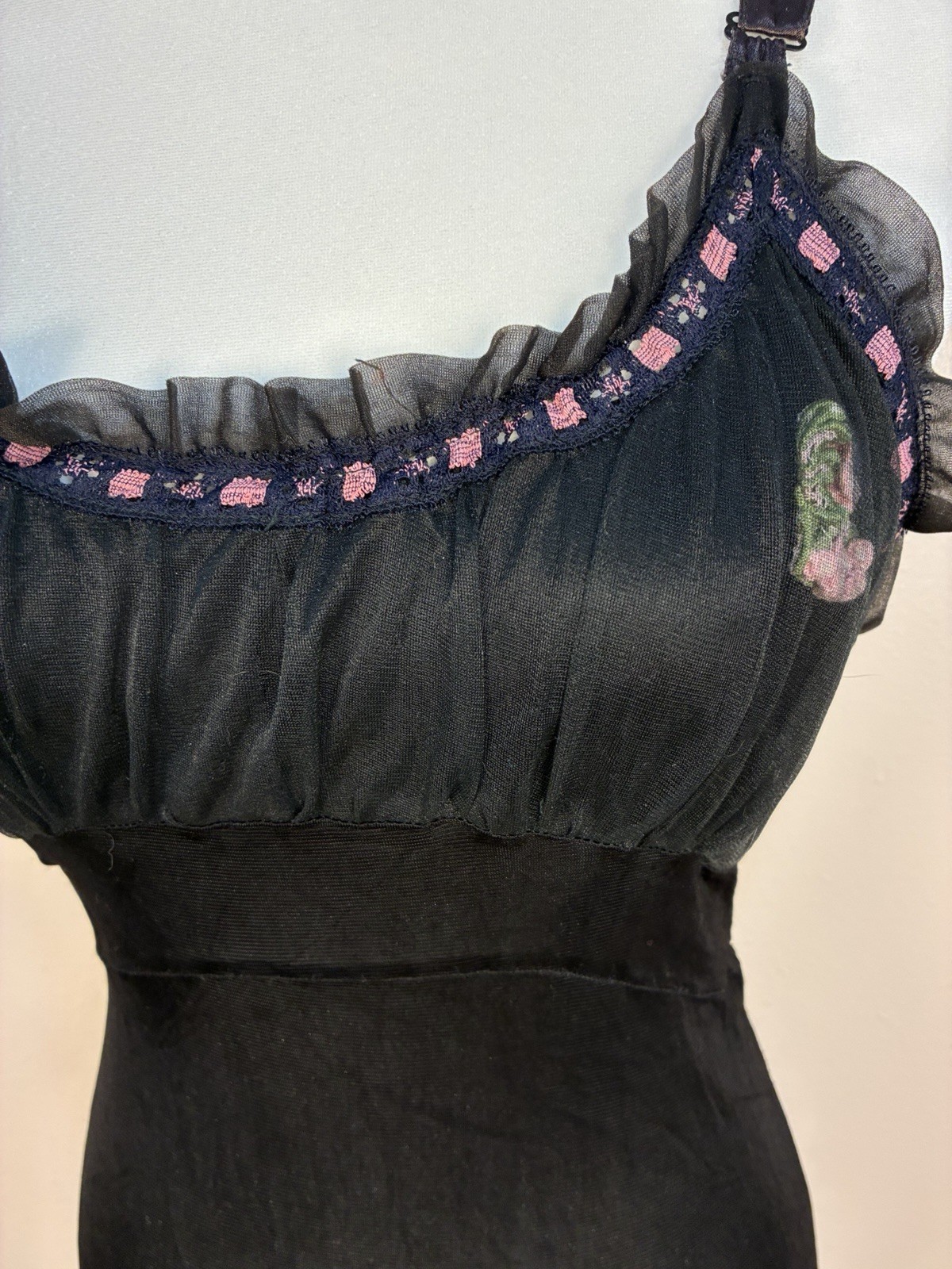Vintage Unbranded Nylon Ribbon Rose Milkmaid Midi Dress Slip Goth Black Pink S